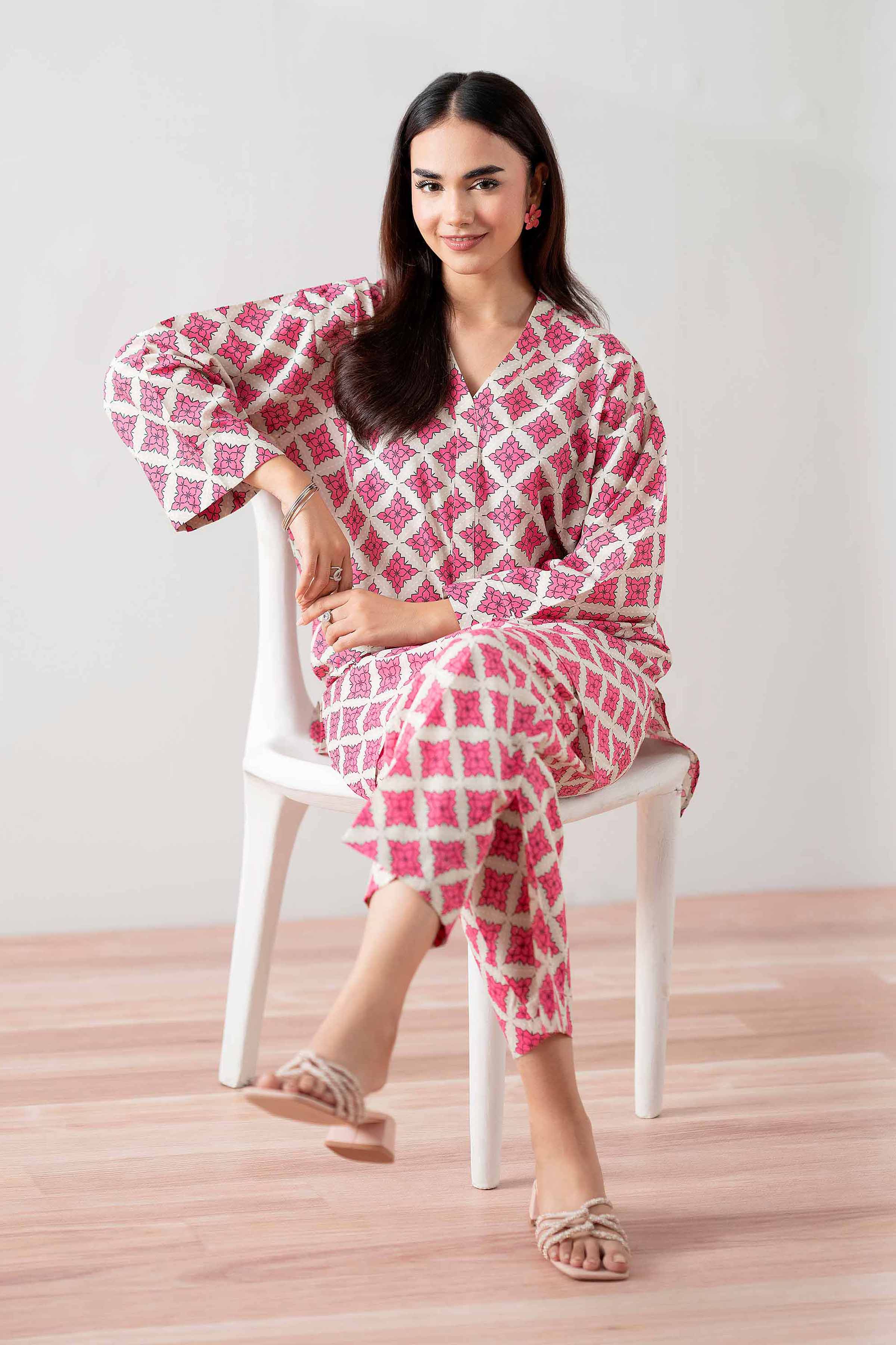 NishatUK - White & Pink Printed Cambric 2-piece ready to wear Dress