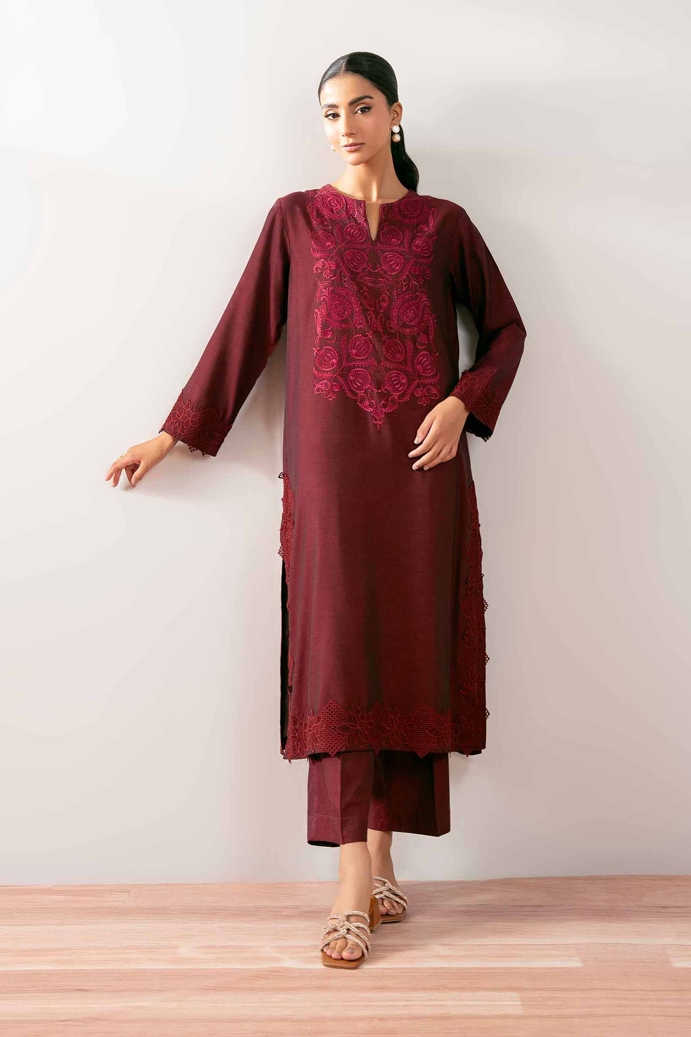 NishatUK - Maroon Embroidered Yarn Dyed 2-piece ready to wear Dress