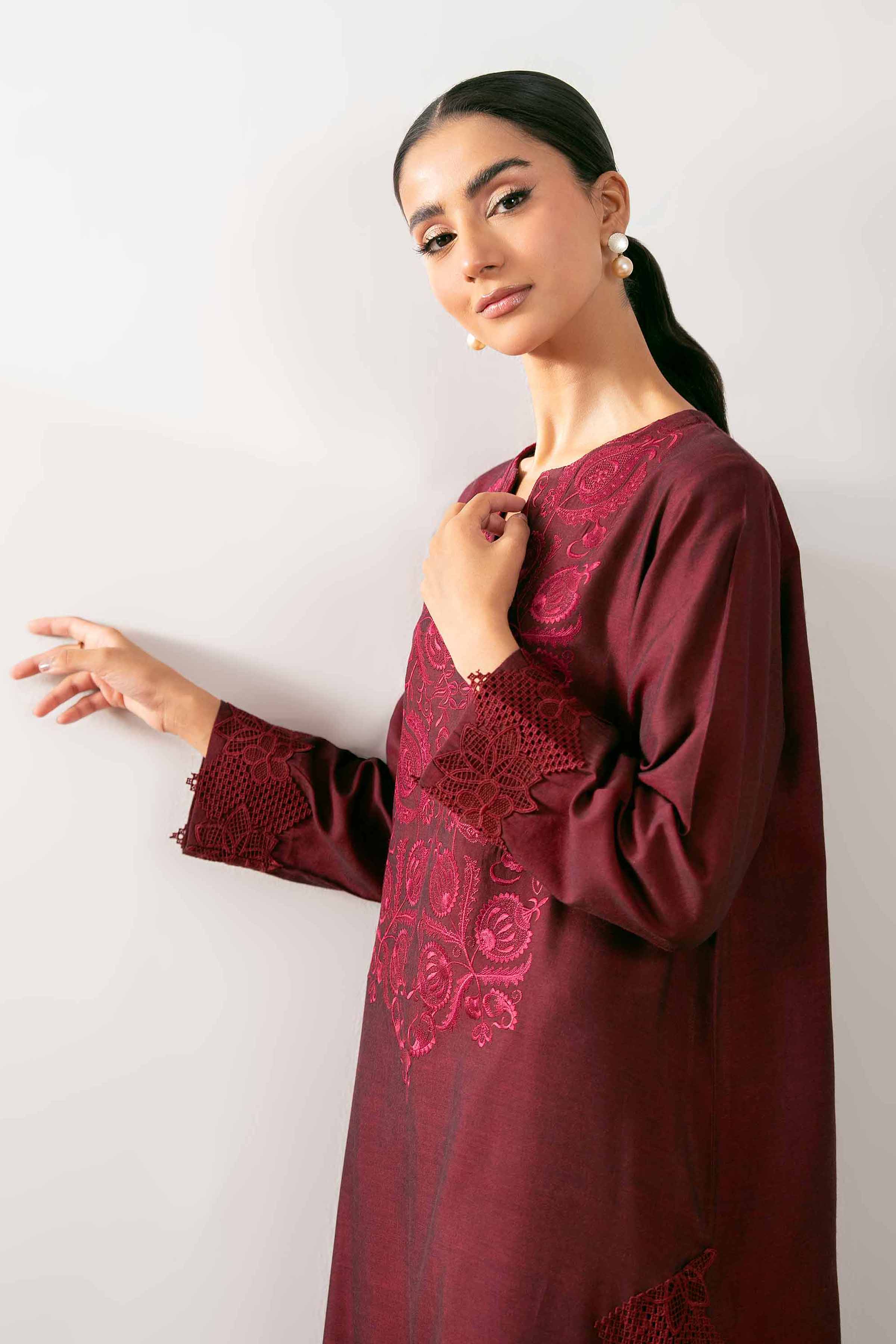 NishatUK - Maroon Embroidered Yarn Dyed 2-piece ready to wear Dress