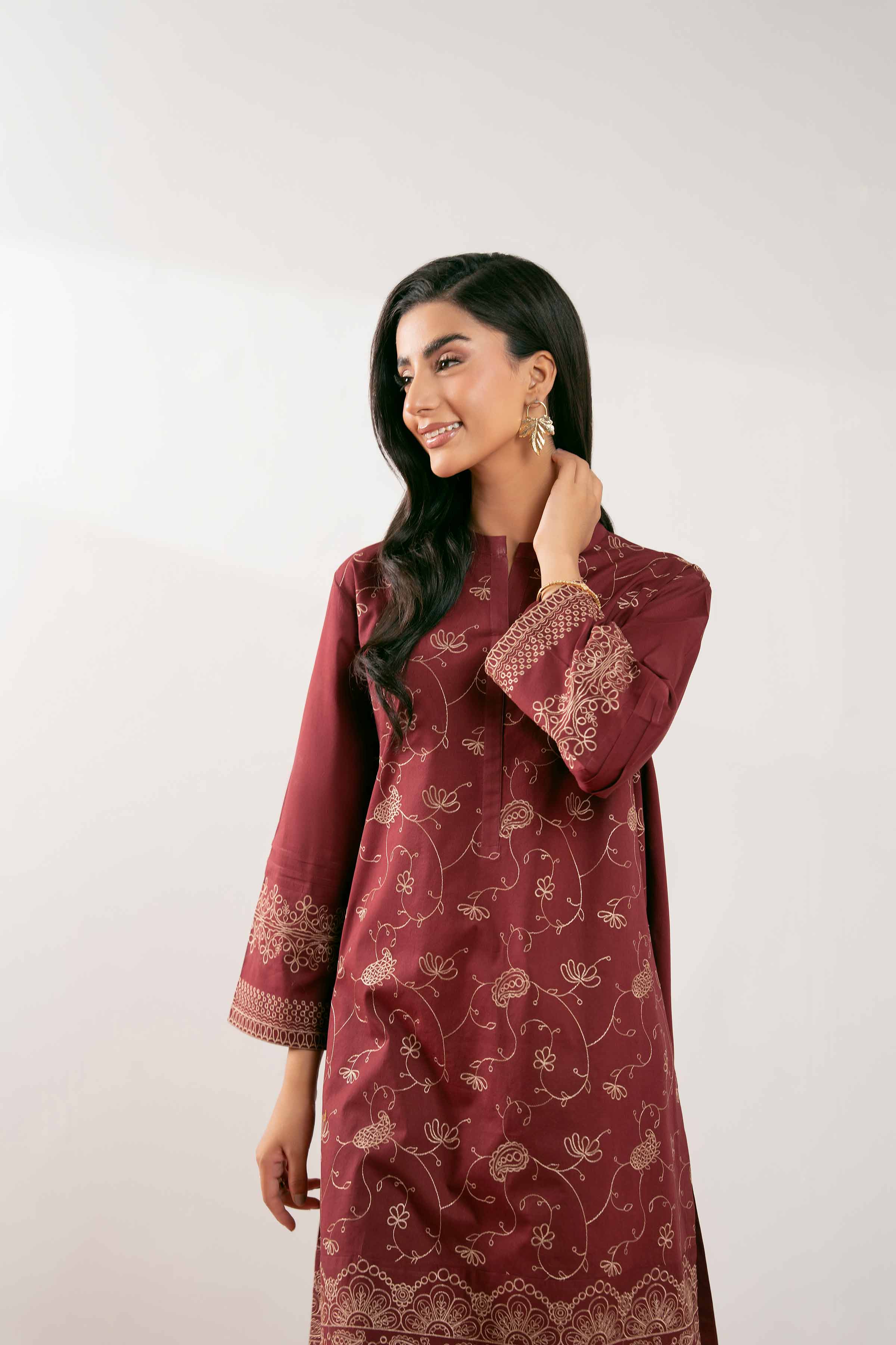 NishatUK - Maroon Embroidered Cambric 1-piece ready to wear Shirt