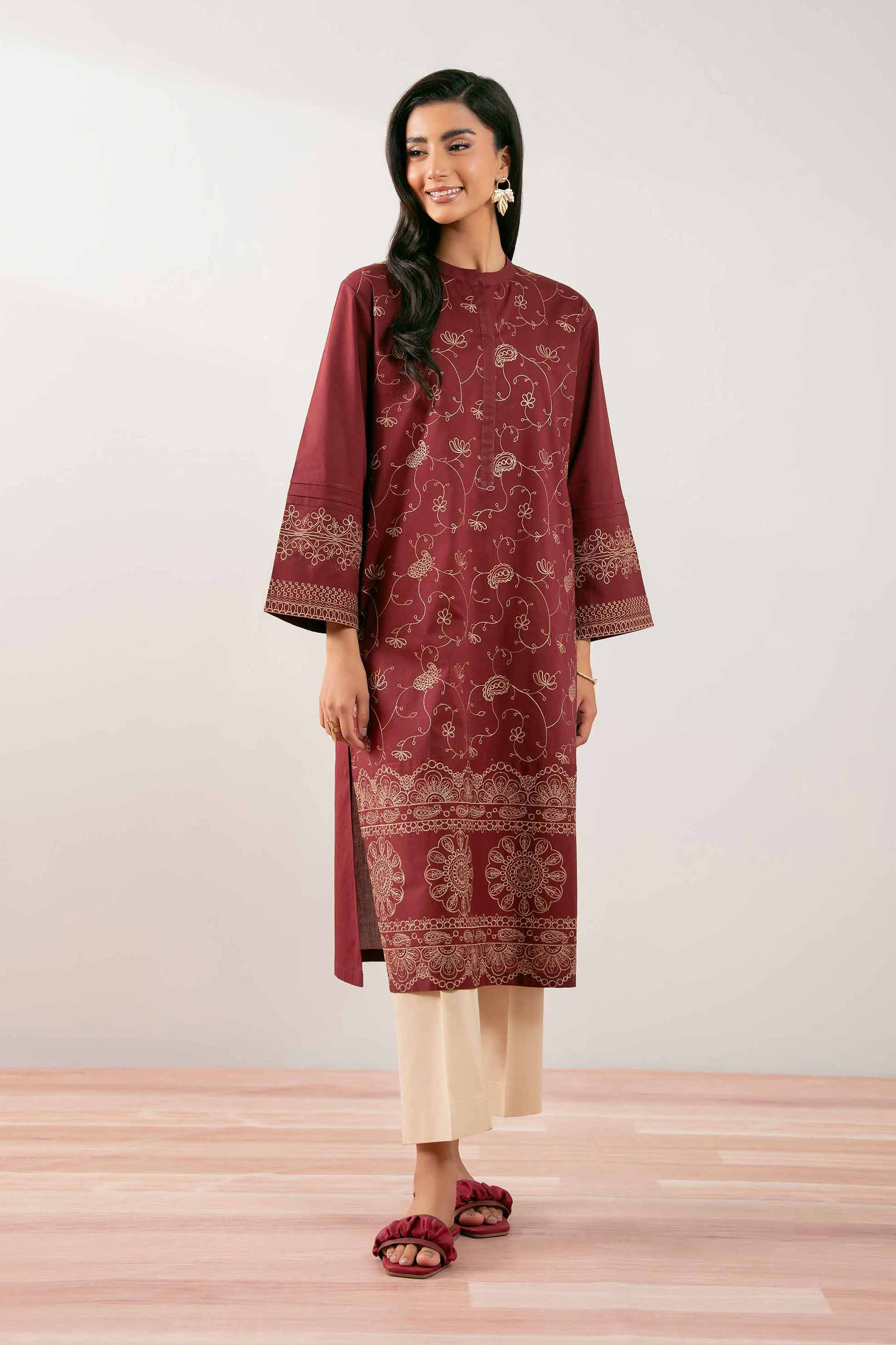 NishatUK - Maroon Embroidered Cambric 1-piece ready to wear Shirt