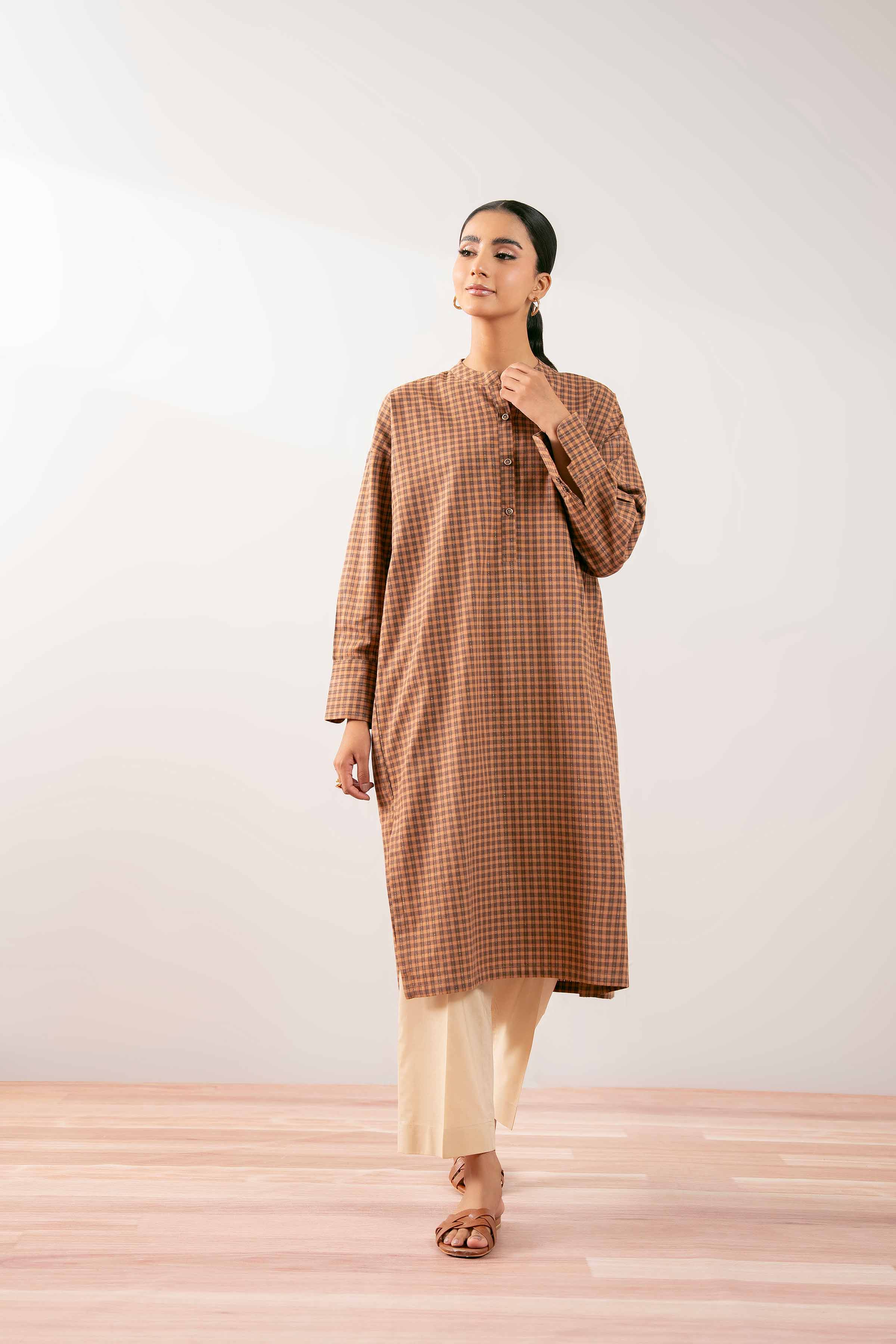 NishatUK - Brown Solids Yarn Dyed 1-piece ready to wear Kurta