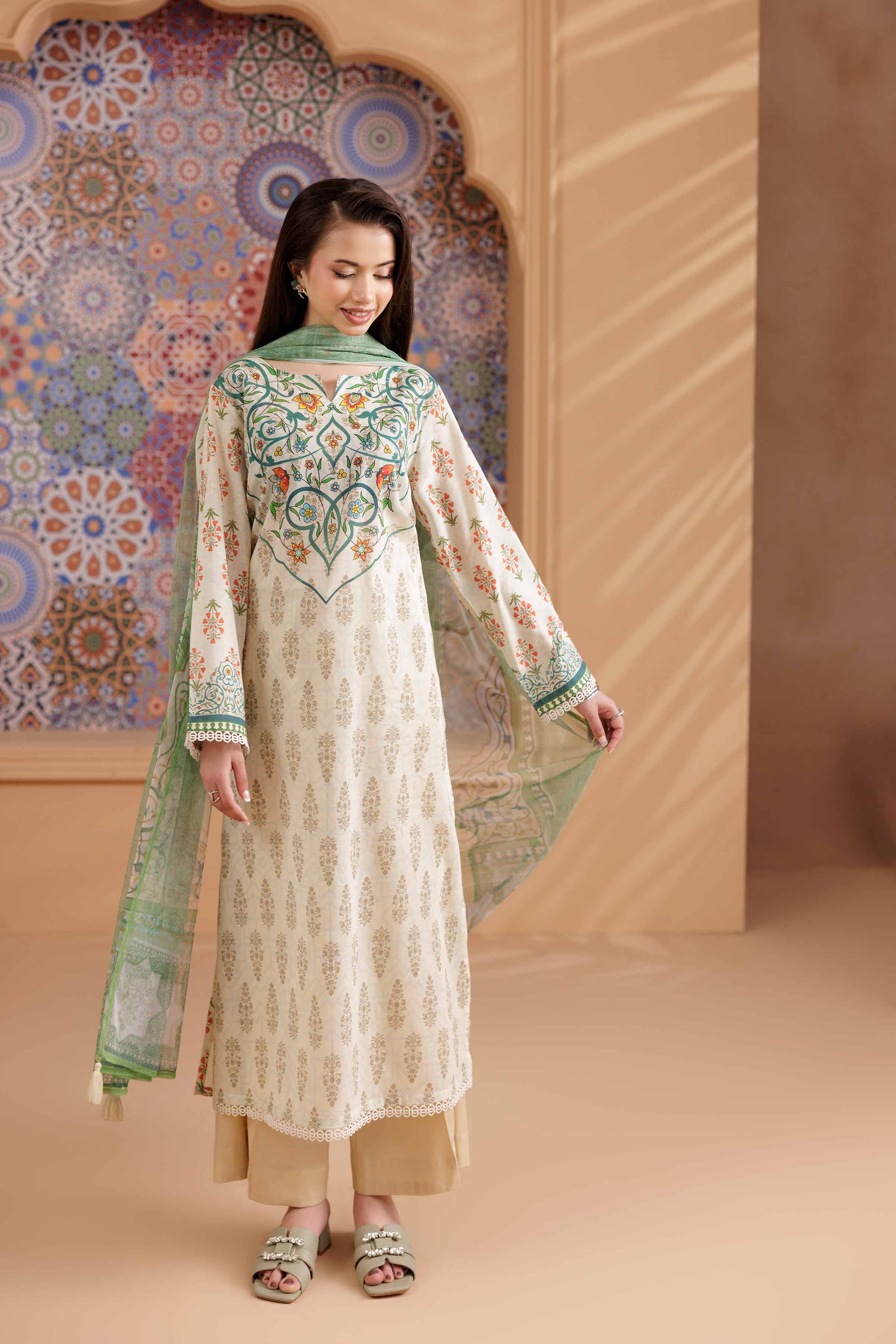 NishatUK - Beige Printed Cambric 3-piece ready to wear Suit