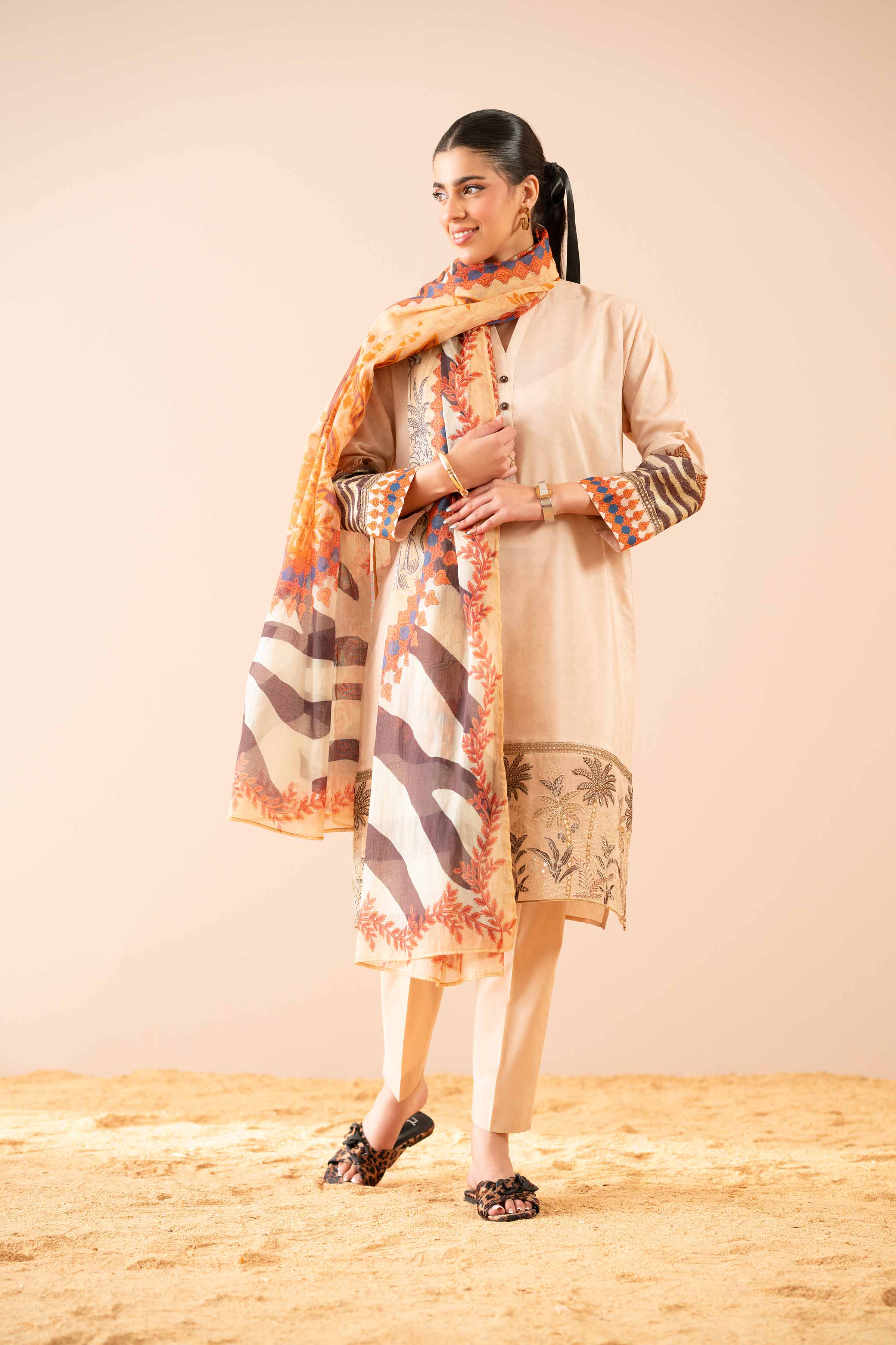 NishatUK - Beige Embroidered Cambric 3-piece ready to wear Suit