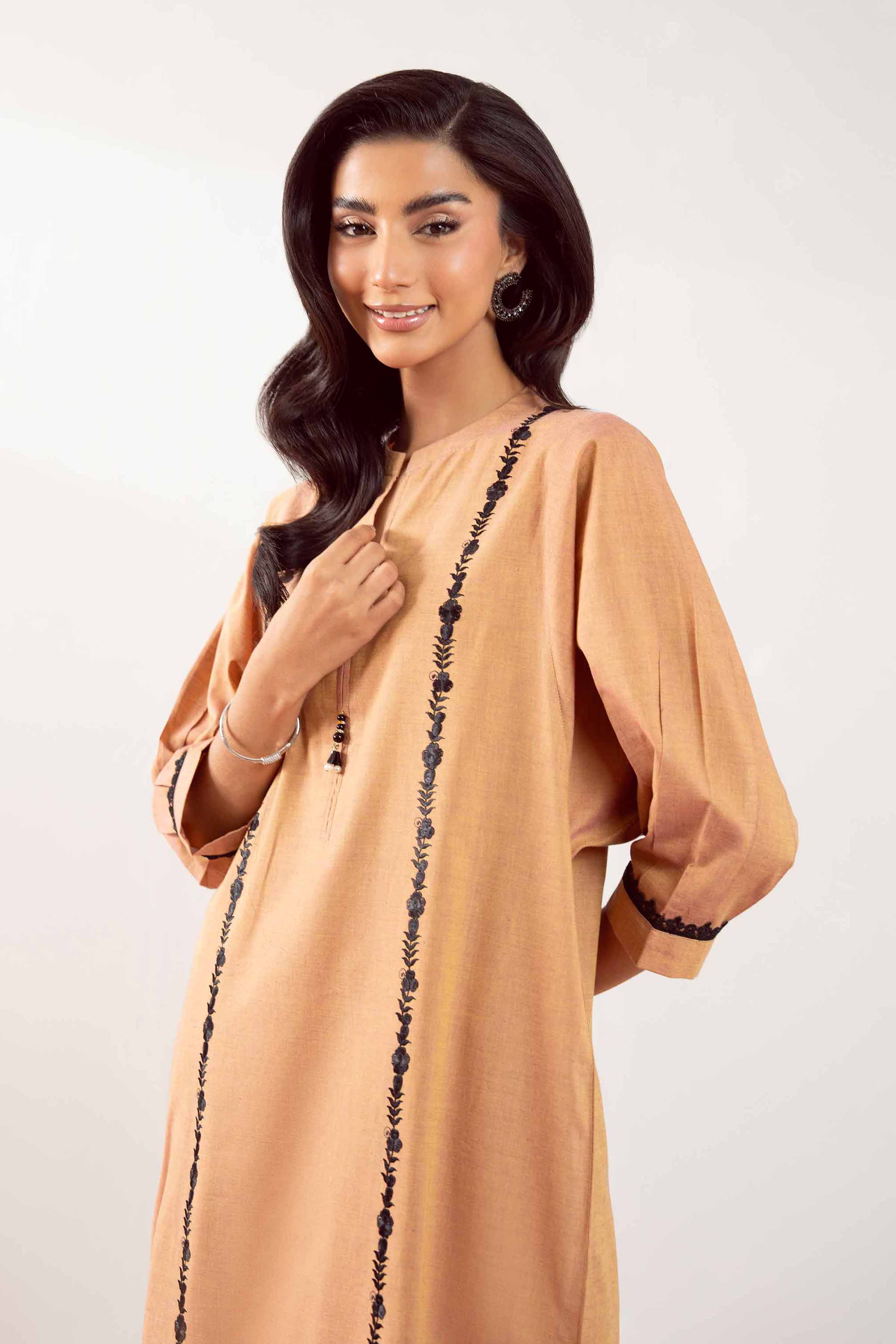 NishatUK - Mustard Brown Embroidered Yarn Dyed 2-piece ready to wear Dress