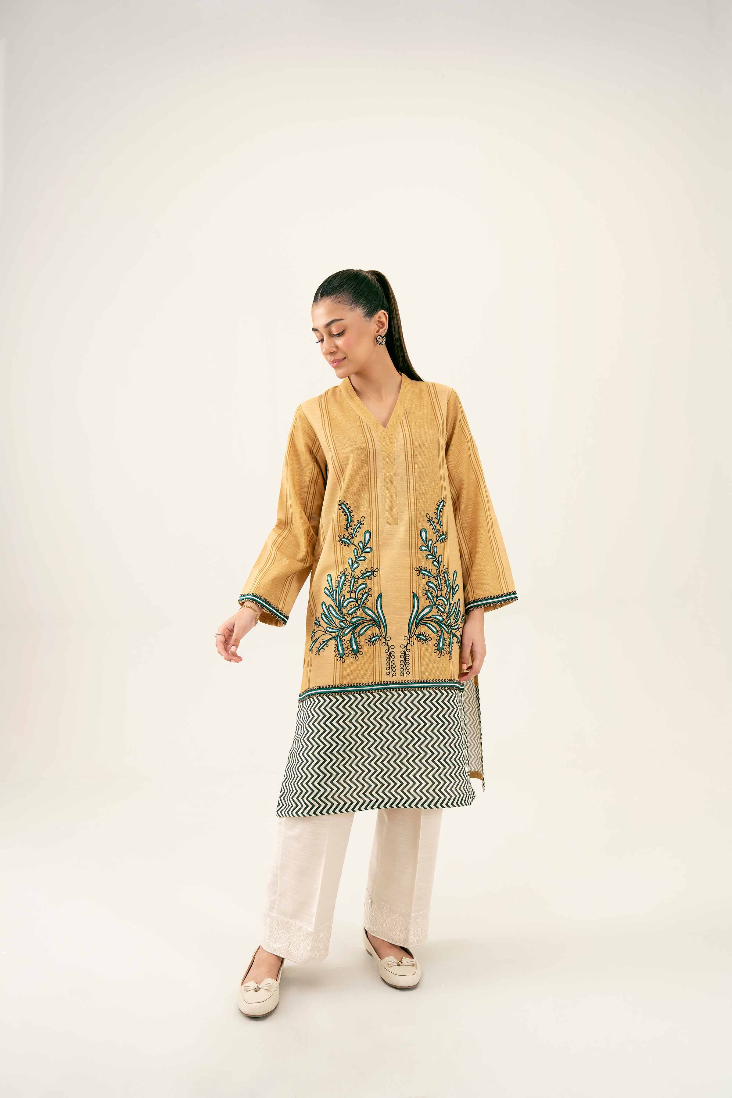 NishatUK - Beige Embroidered Khaddar 1-piece ready to wear Shirt