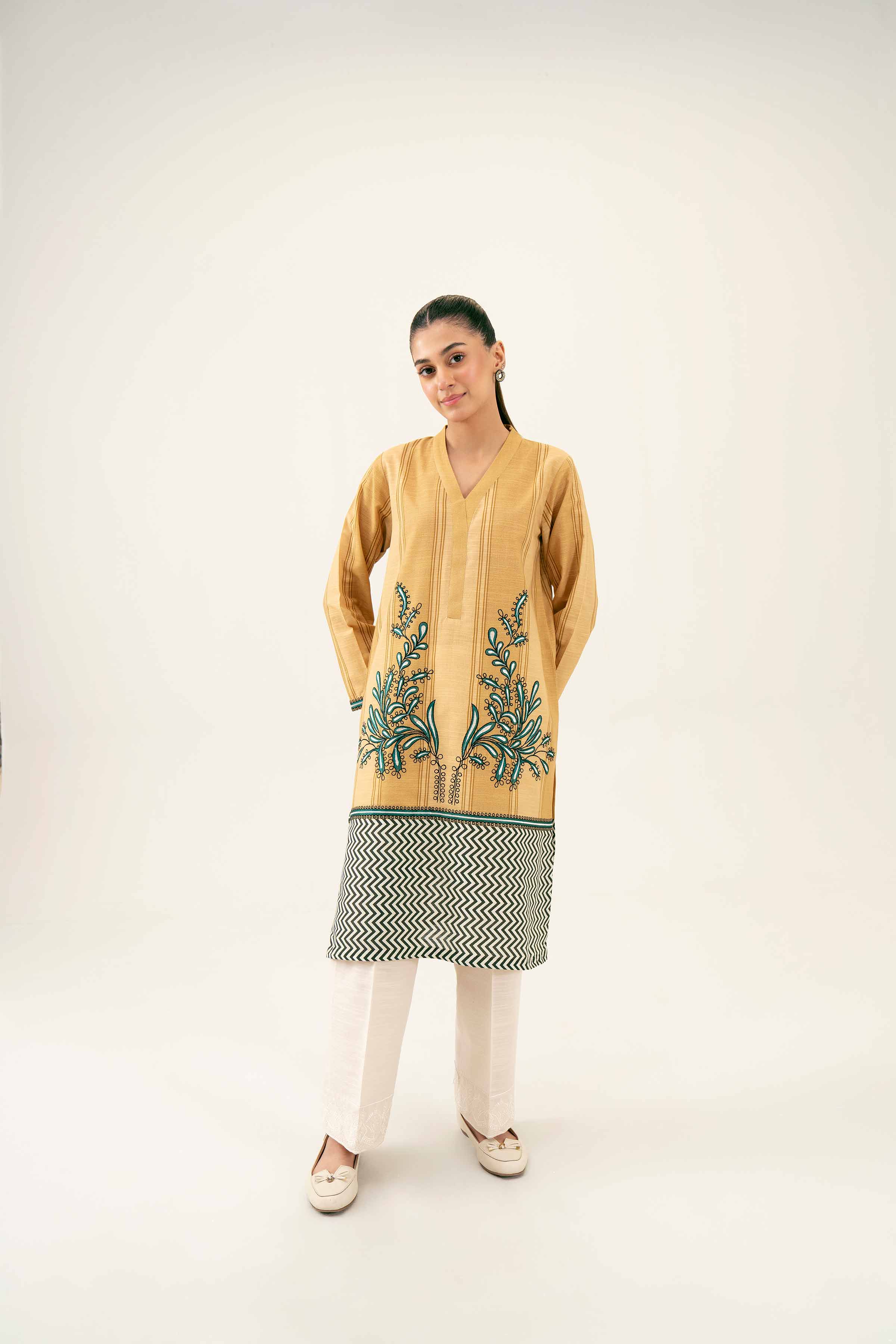 NishatUK - Beige Embroidered Khaddar 1-piece ready to wear Shirt