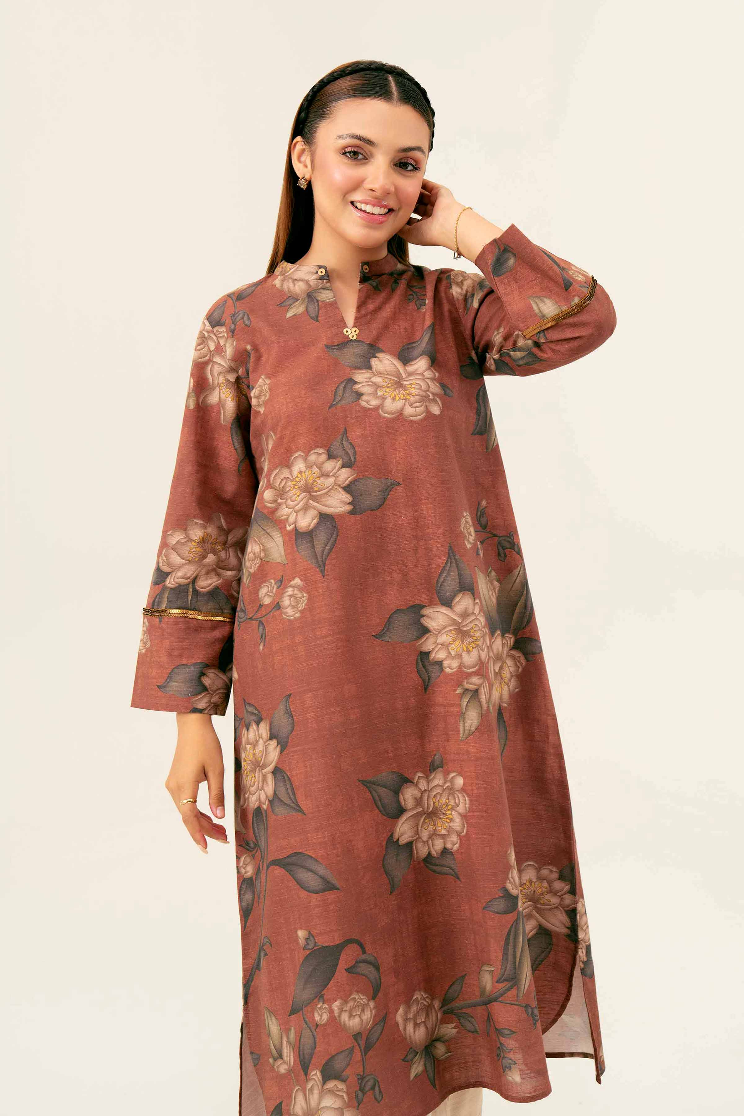 NishatUK - Brown Printed Khaddar 1-piece ready to wear Shirt