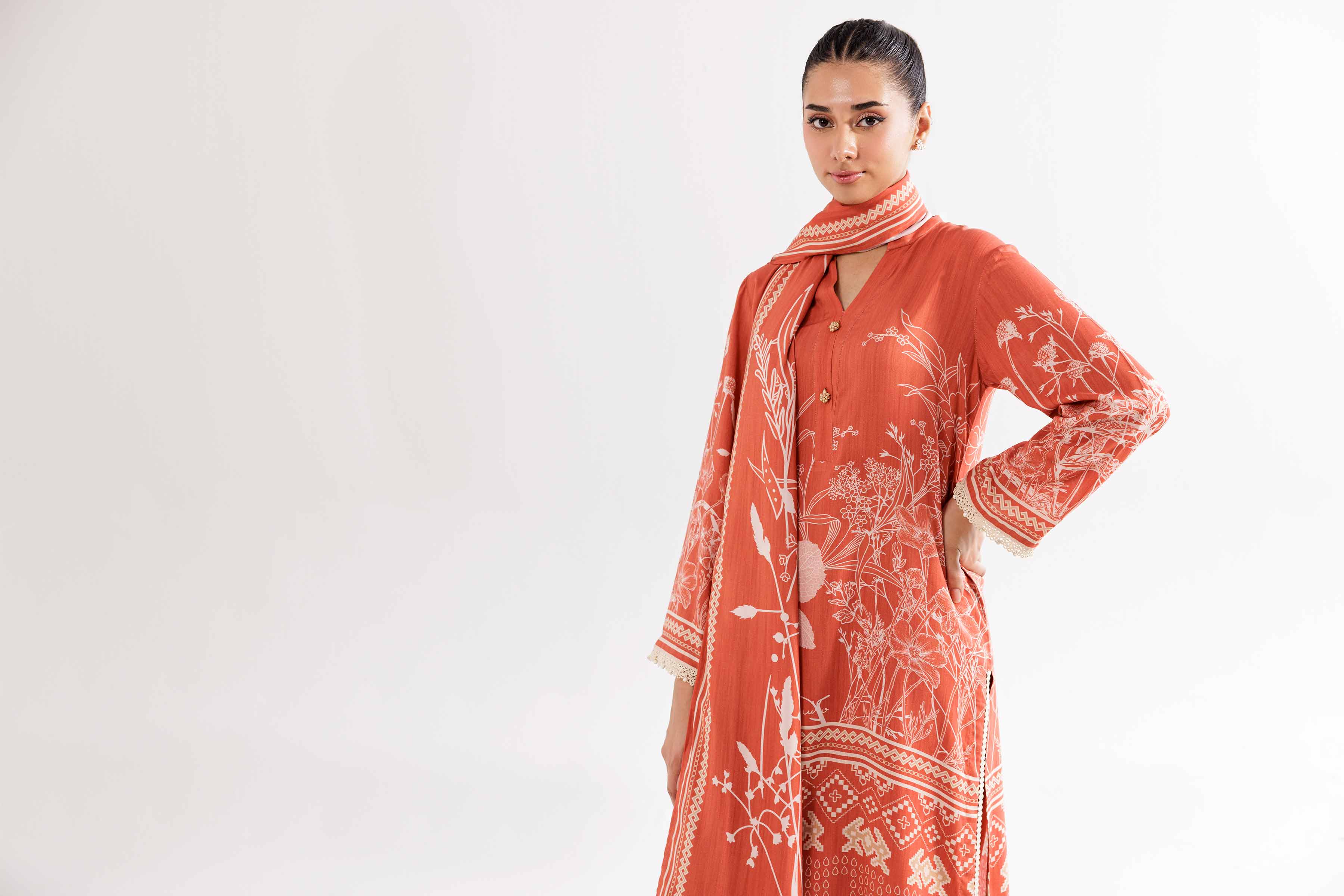 NishatUK - Brown Printed Linen 3-piece ready to wear Suit