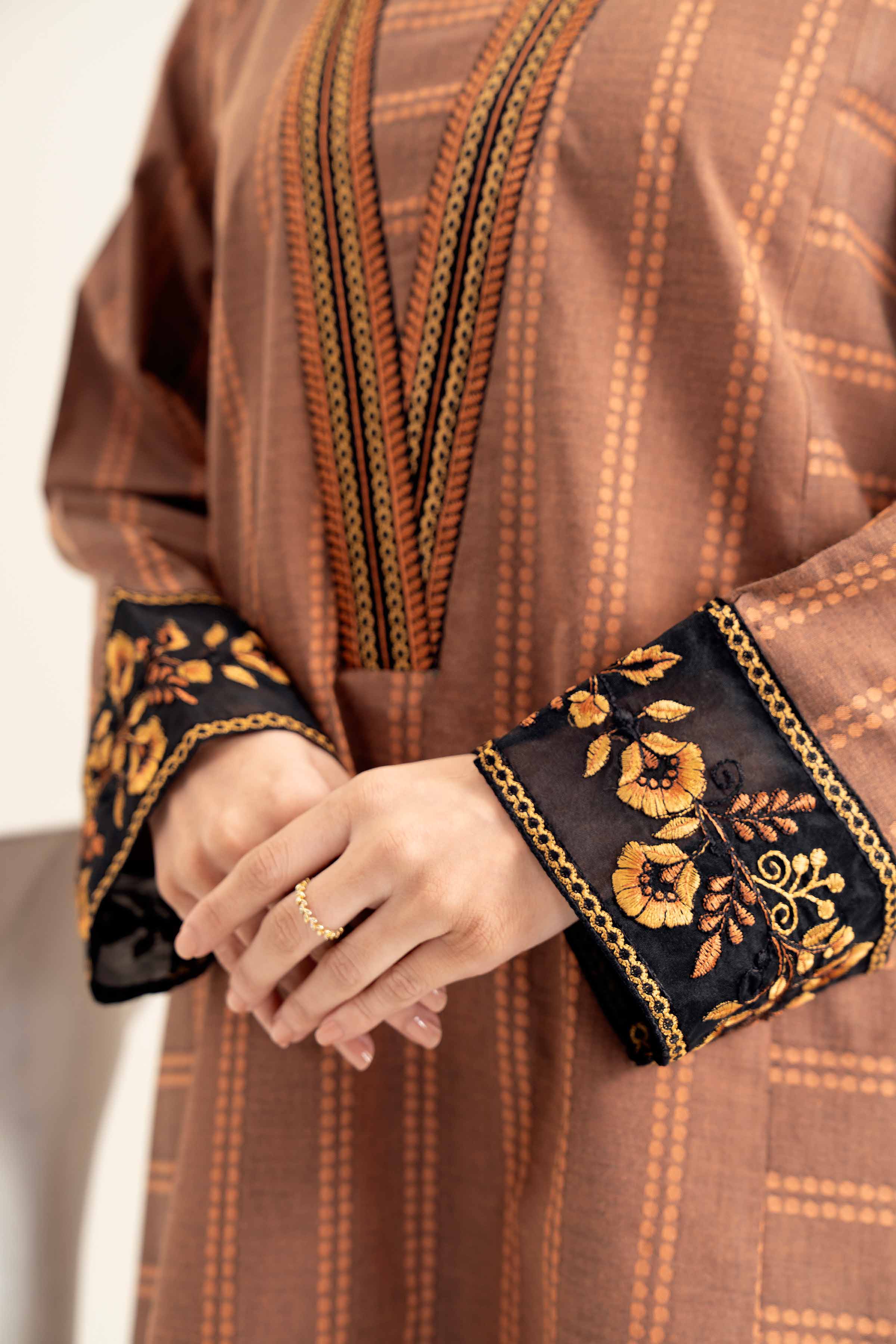 NishatUK - Brown Embroidered Yarn Dyed 1-piece ready to wear Shirt