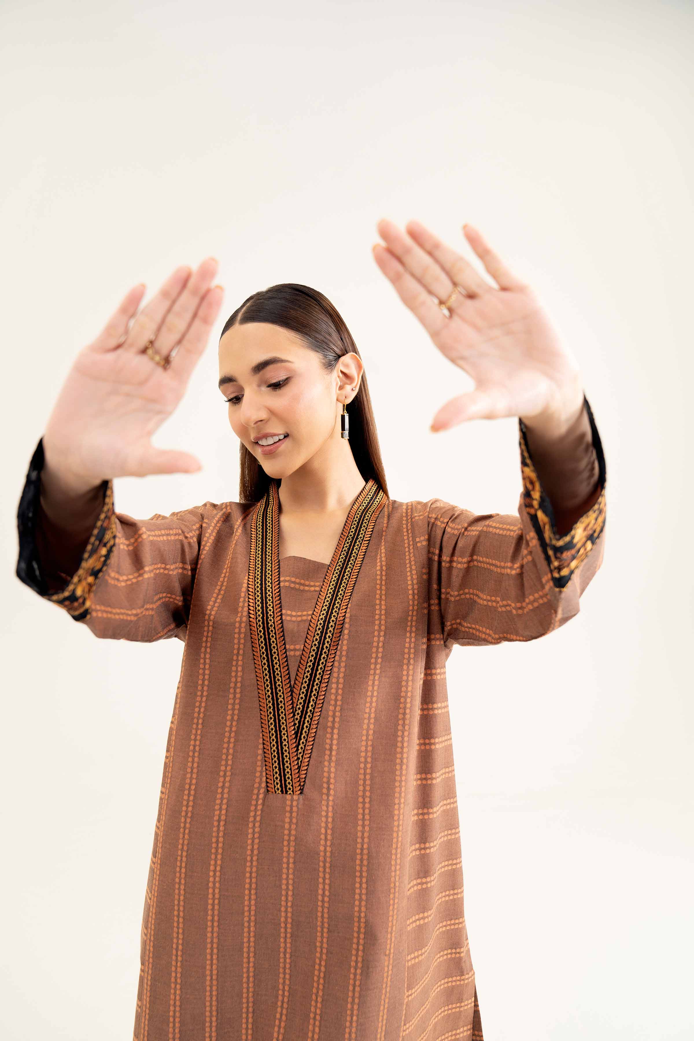 NishatUK - Brown Embroidered Yarn Dyed 1-piece ready to wear Shirt