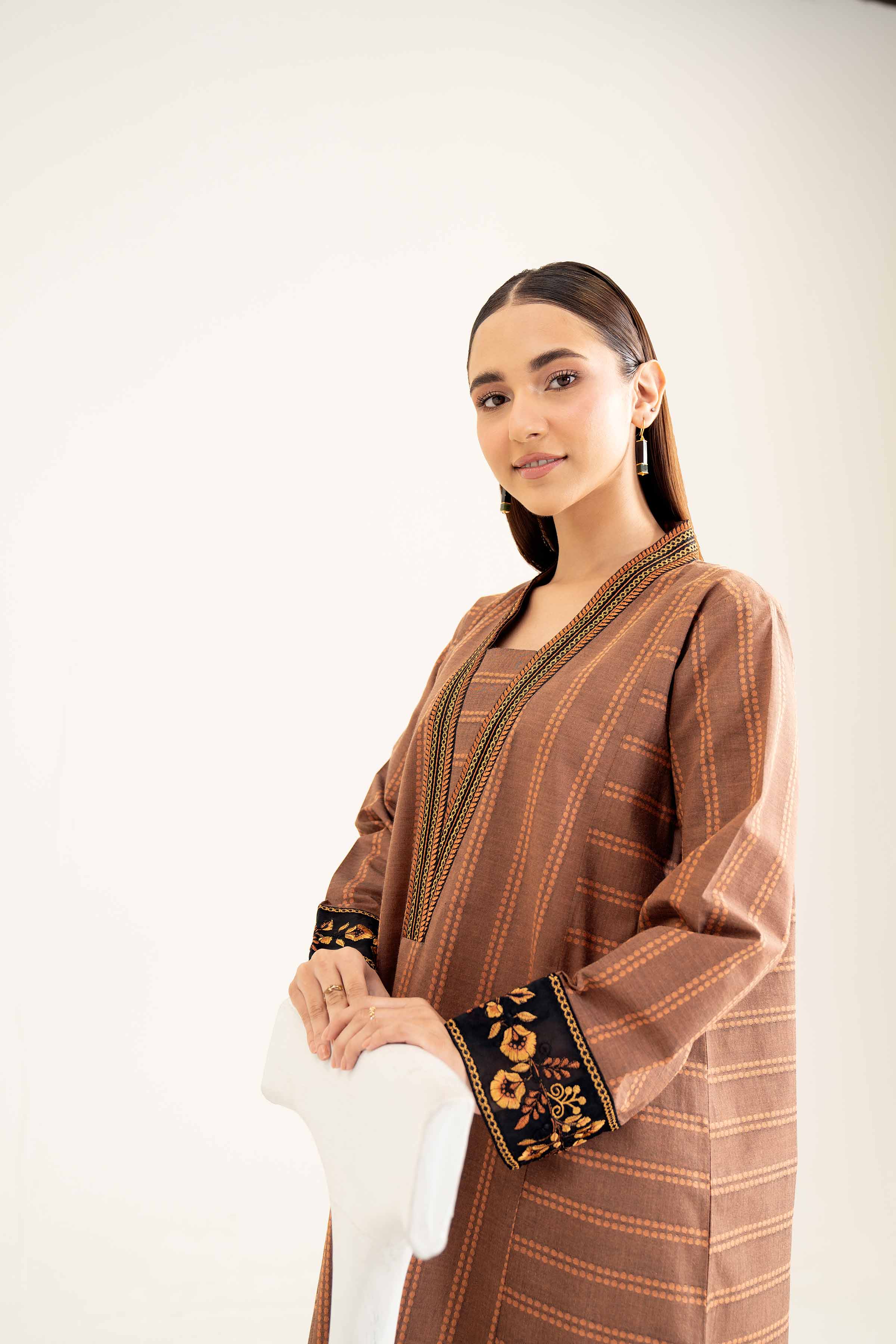 NishatUK - Brown Embroidered Yarn Dyed 1-piece ready to wear Shirt