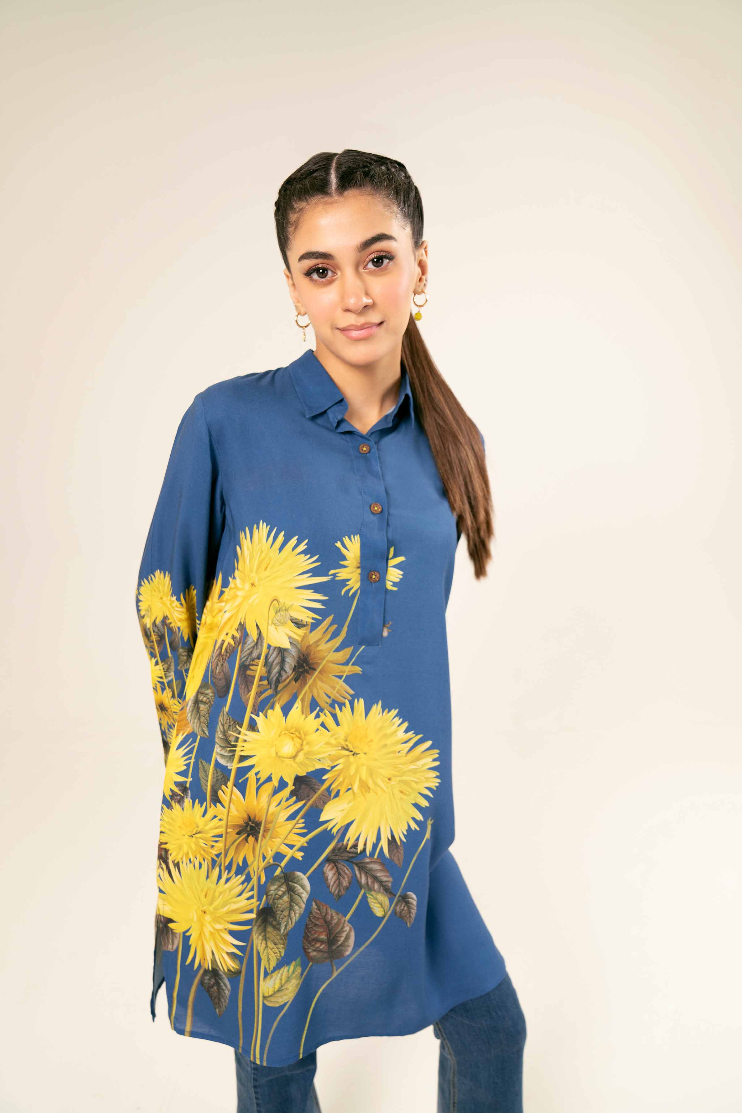 NishatUK - Brown Printed Linen 1-piece ready to wear Tunic