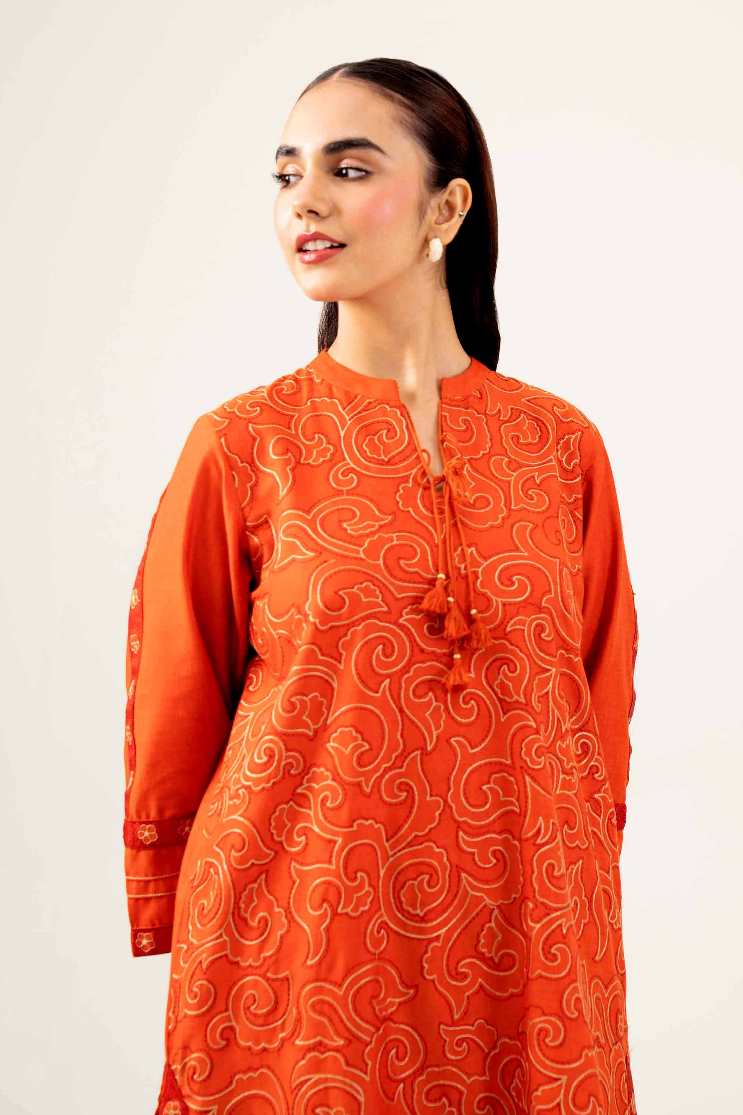 NishatUK - Orange Embroidered Karandi 1-piece ready to wear Shirt