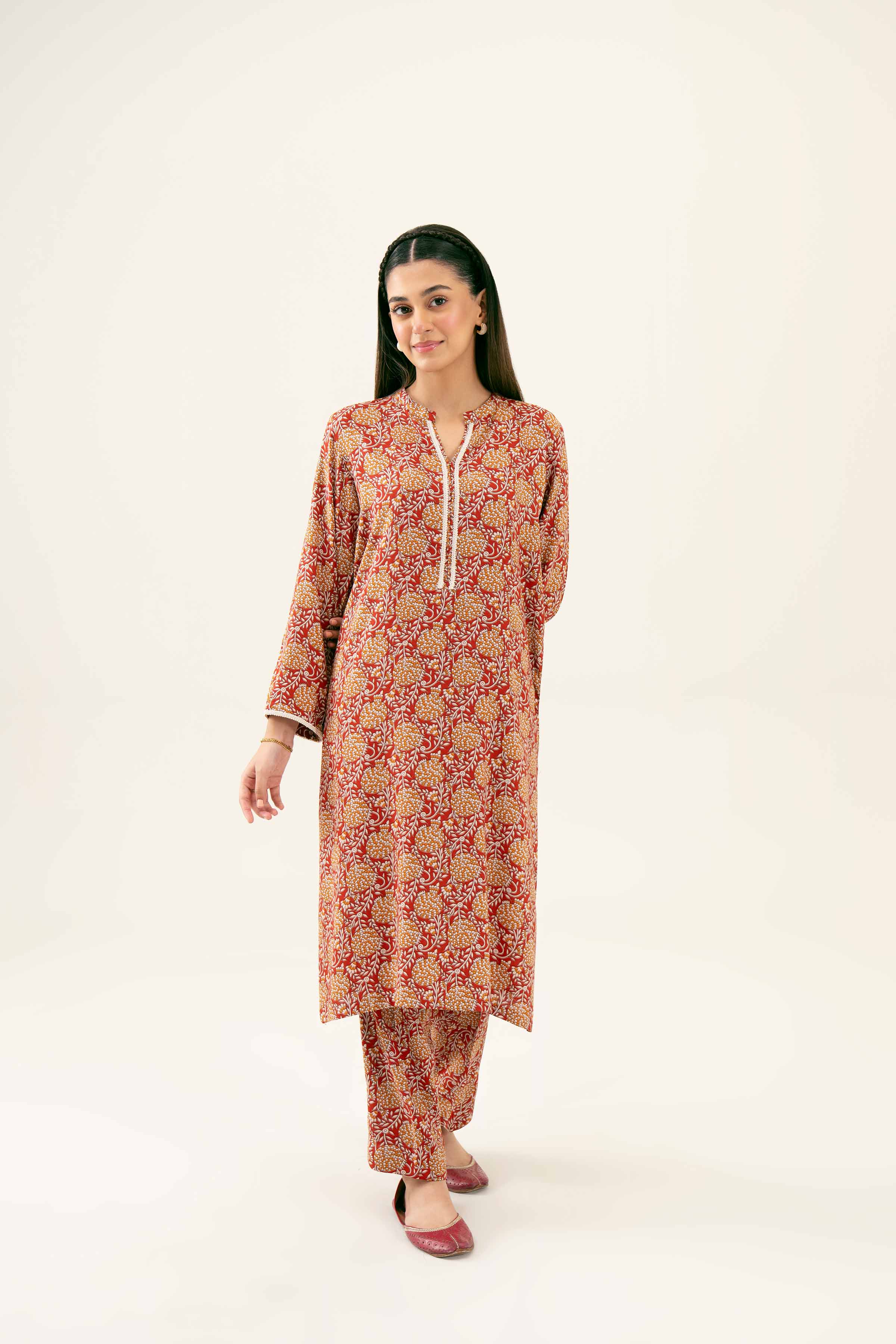 NishatUK - Maroon Printed Linen 2-piece ready to wear Dress