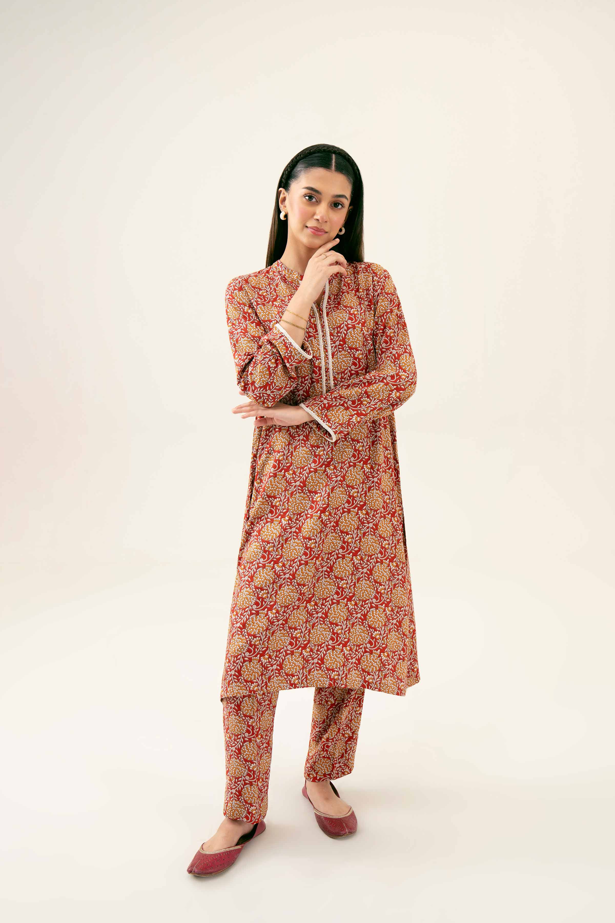 NishatUK - Maroon Printed Linen 2-piece ready to wear Dress