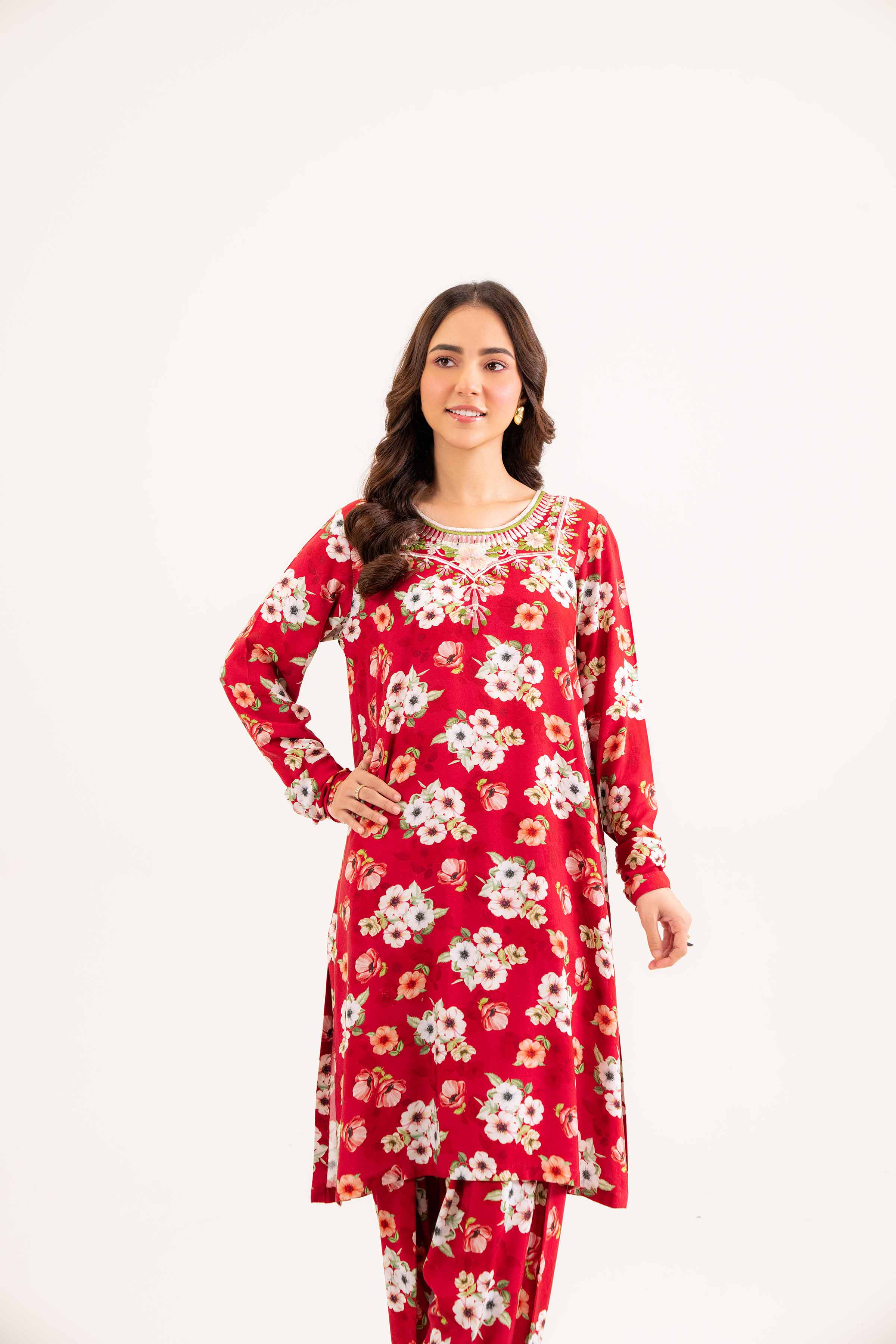 NishatUK - Red Embroidered Linen 2-piece ready to wear Dress