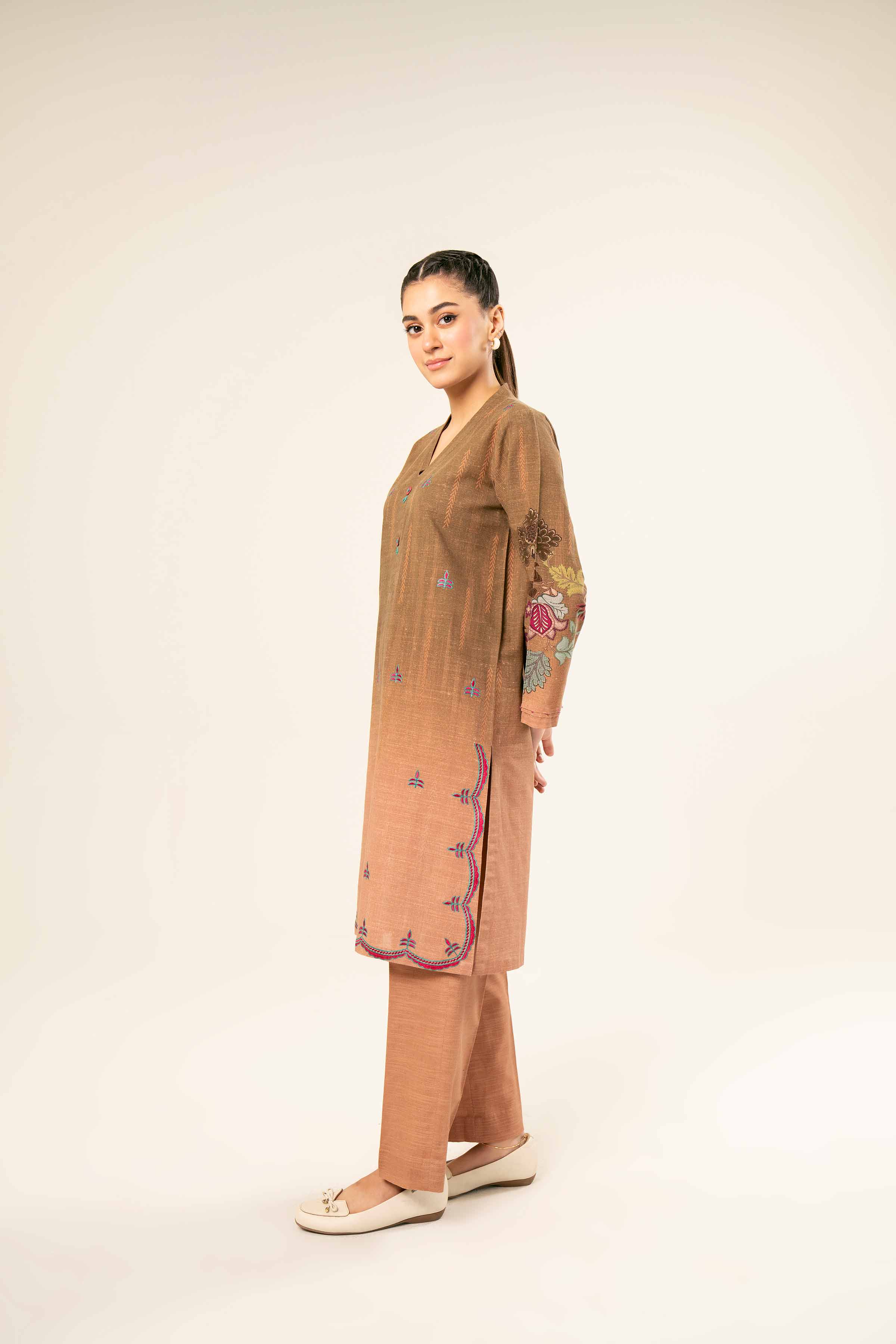 NishatUK - Brown Embroidered Khaddar 2-piece ready to wear Dress