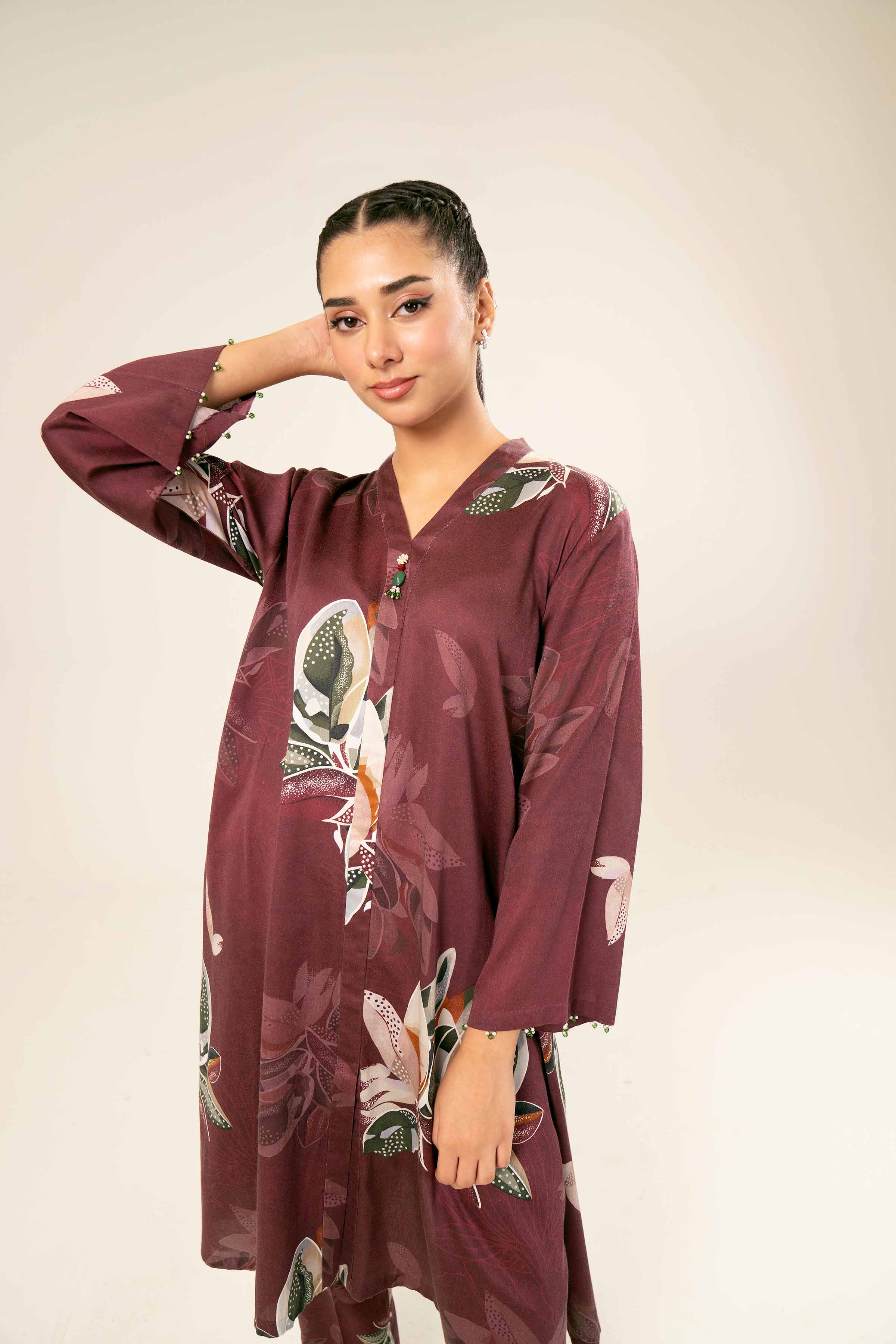 NishatUK - Brown Printed Satin 2-piece ready to wear Dress