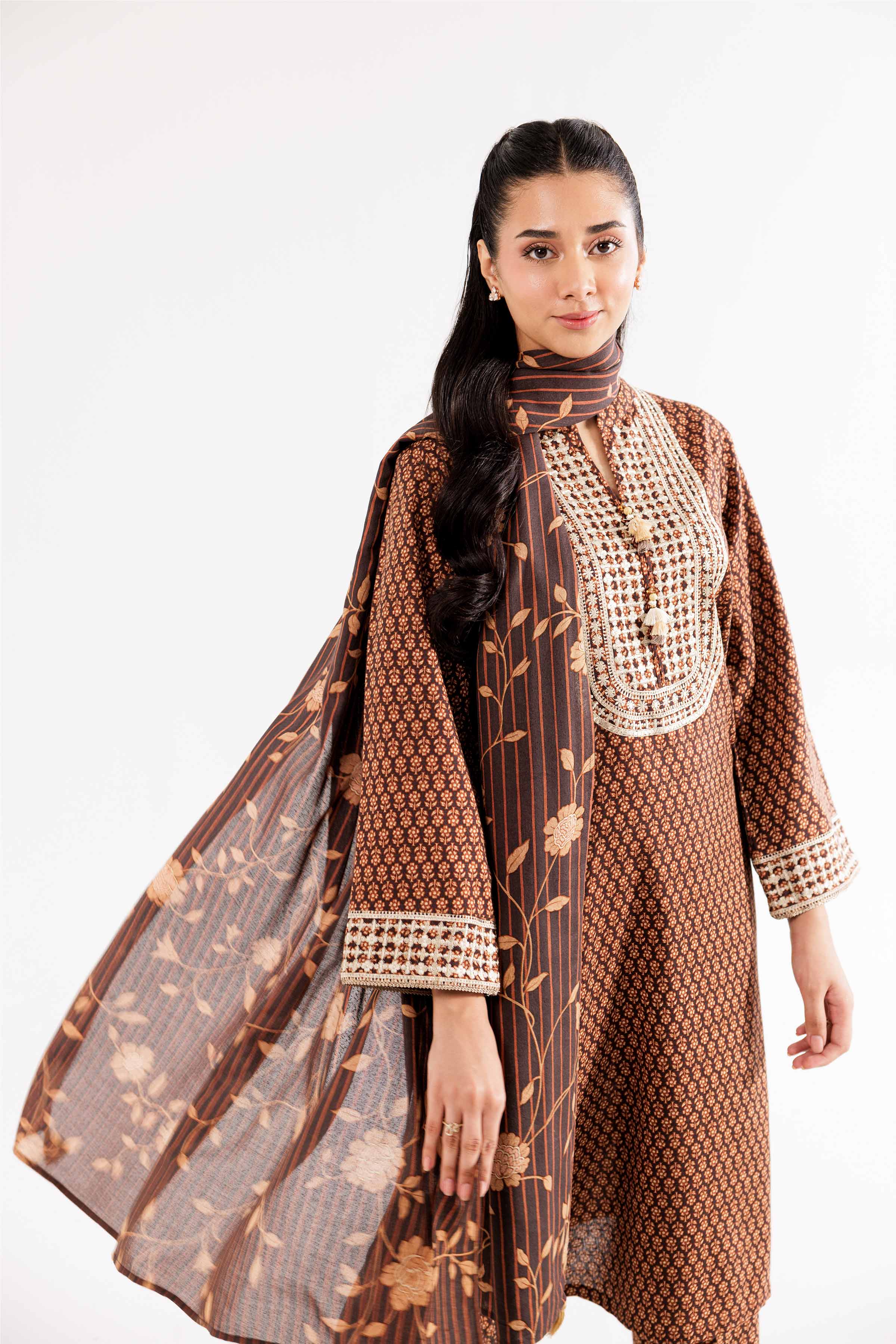 NishatUK - Brown Embroidered Karandi 3-piece ready to wear Suit