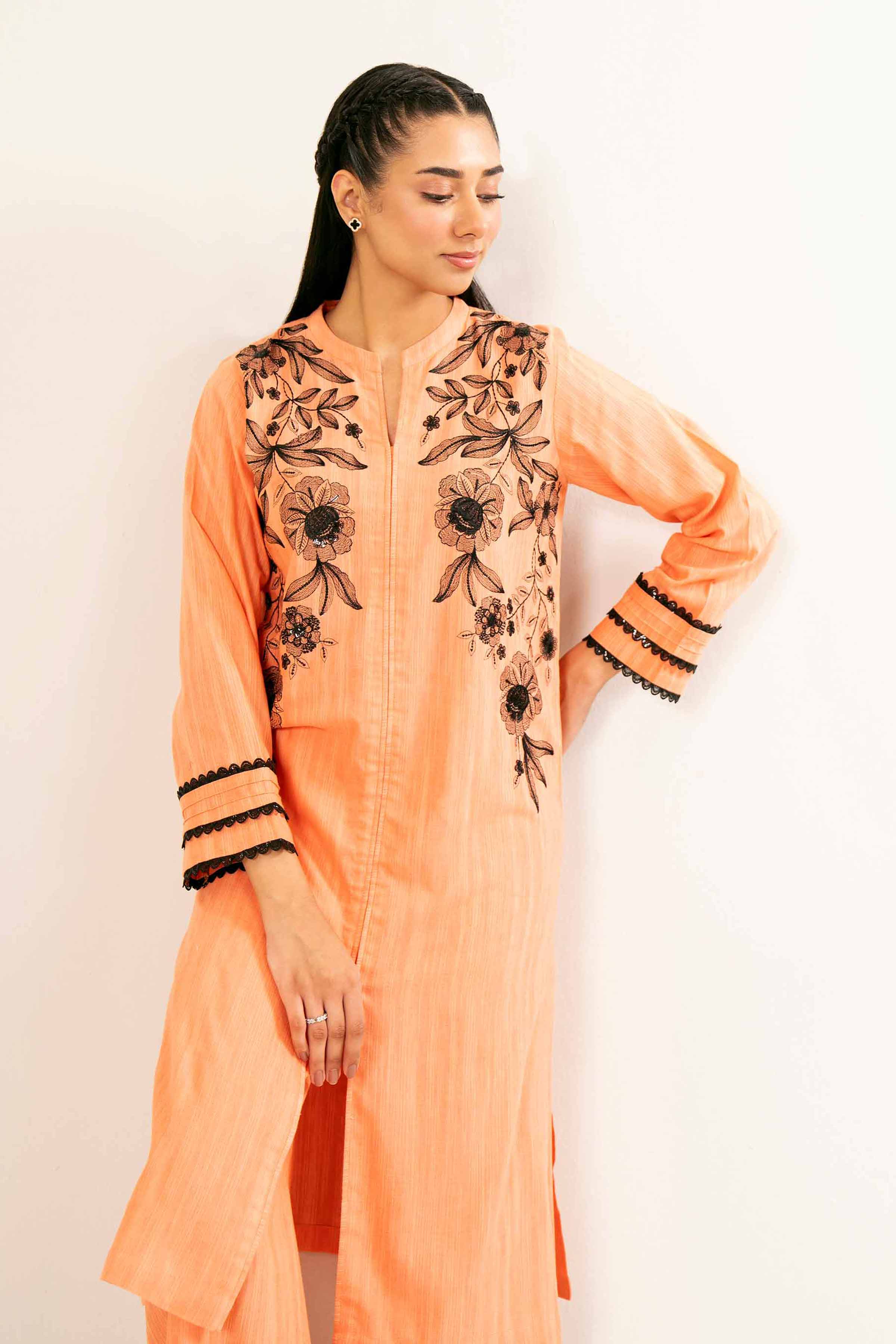 NishatUK - Orange Embroidered Khaddar 2-piece ready to wear Dress