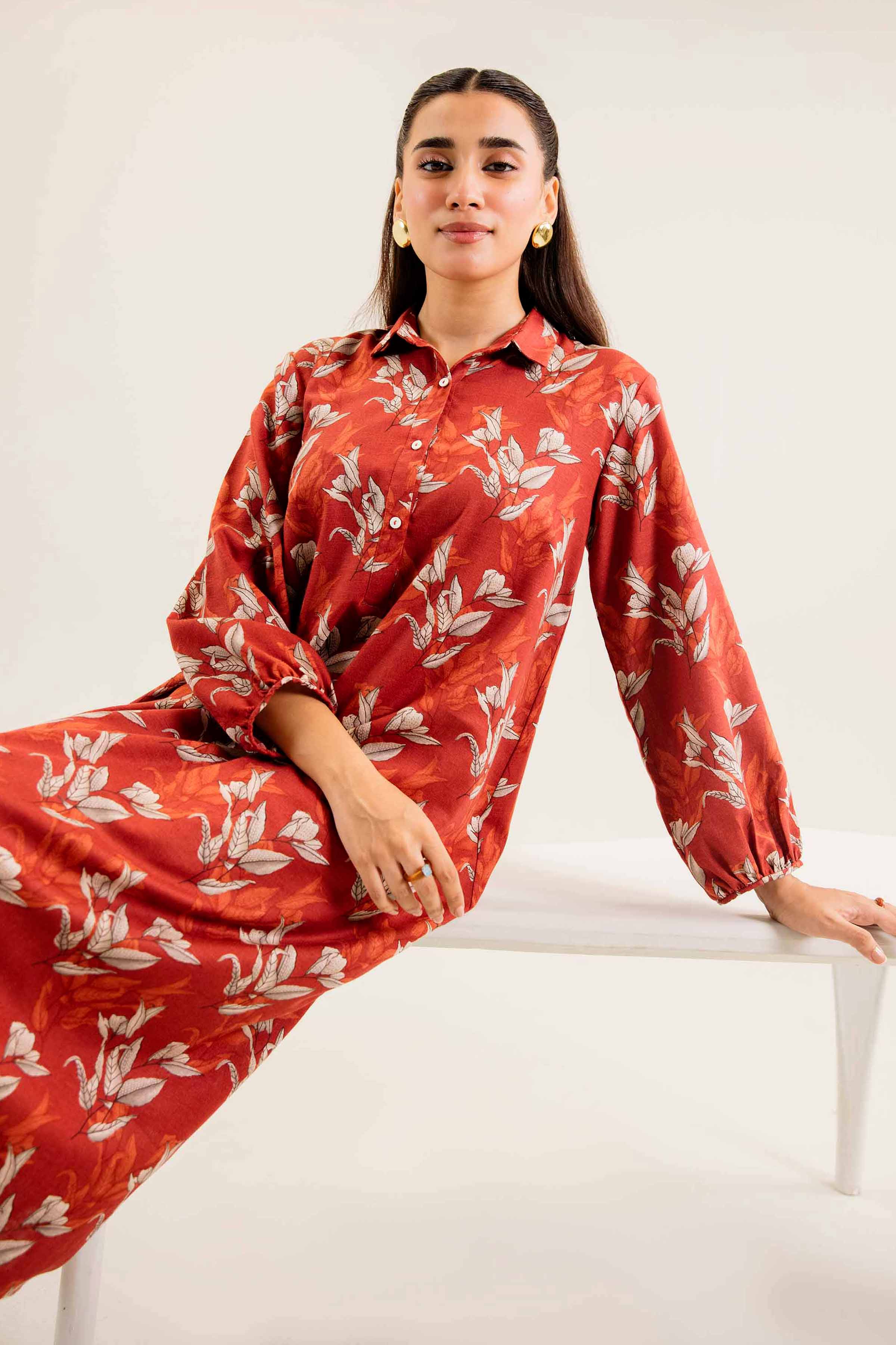 NishatUK - Rust Printed Karandi 1-piece ready to wear Dress