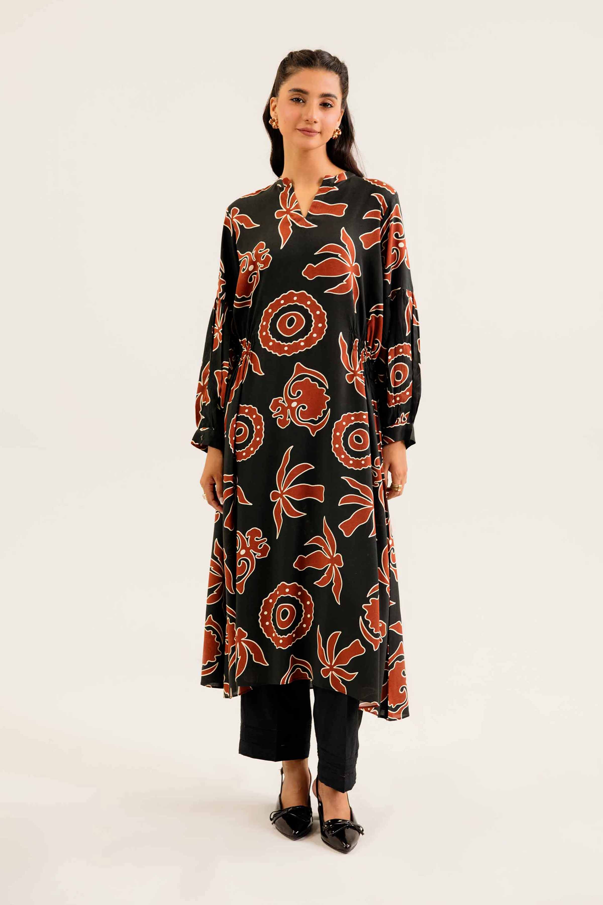 NishatUK - Black Printed Linen 1-piece ready to wear Dress