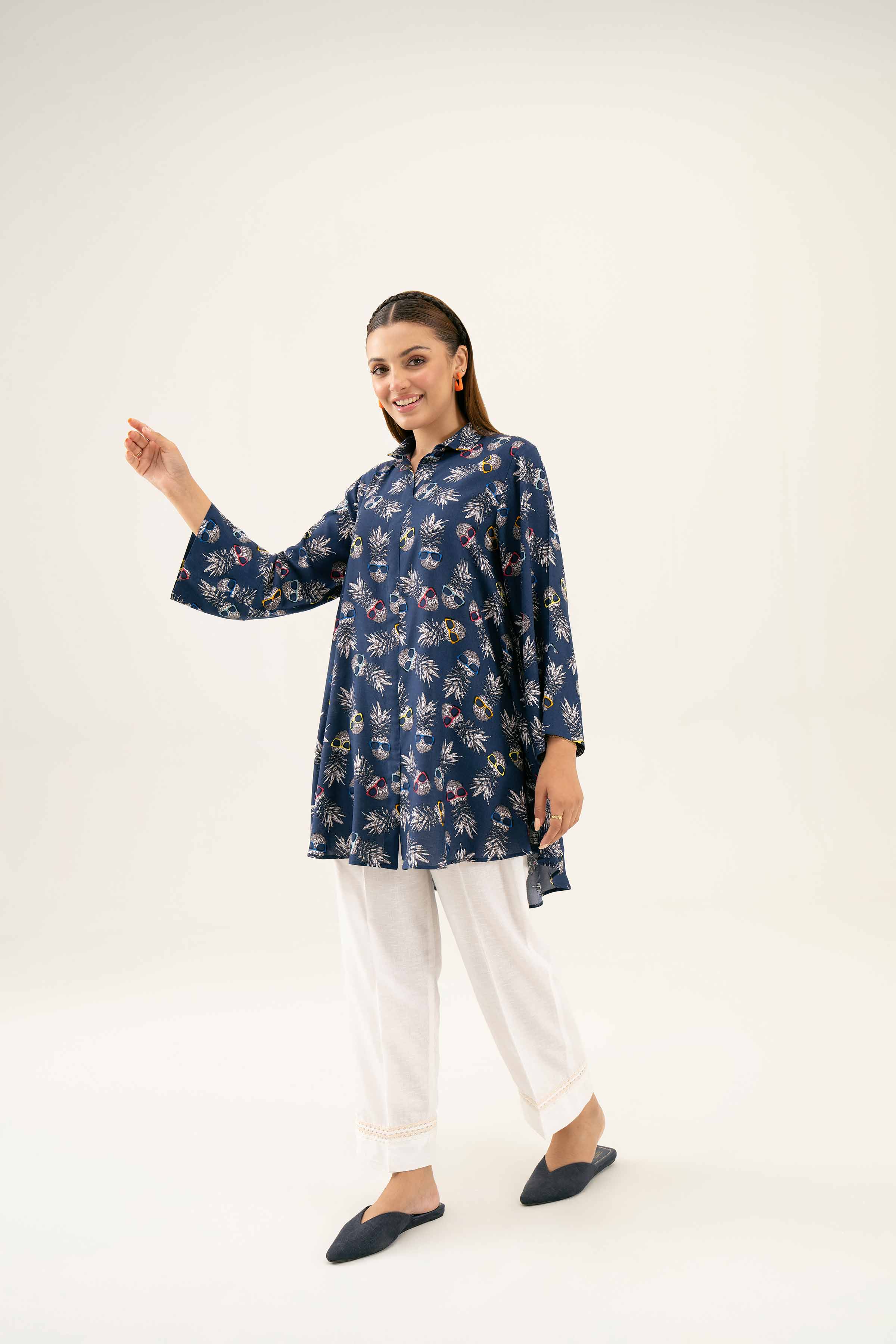 NishatUK - Blue Printed Linen 1-piece ready to wear Tunic