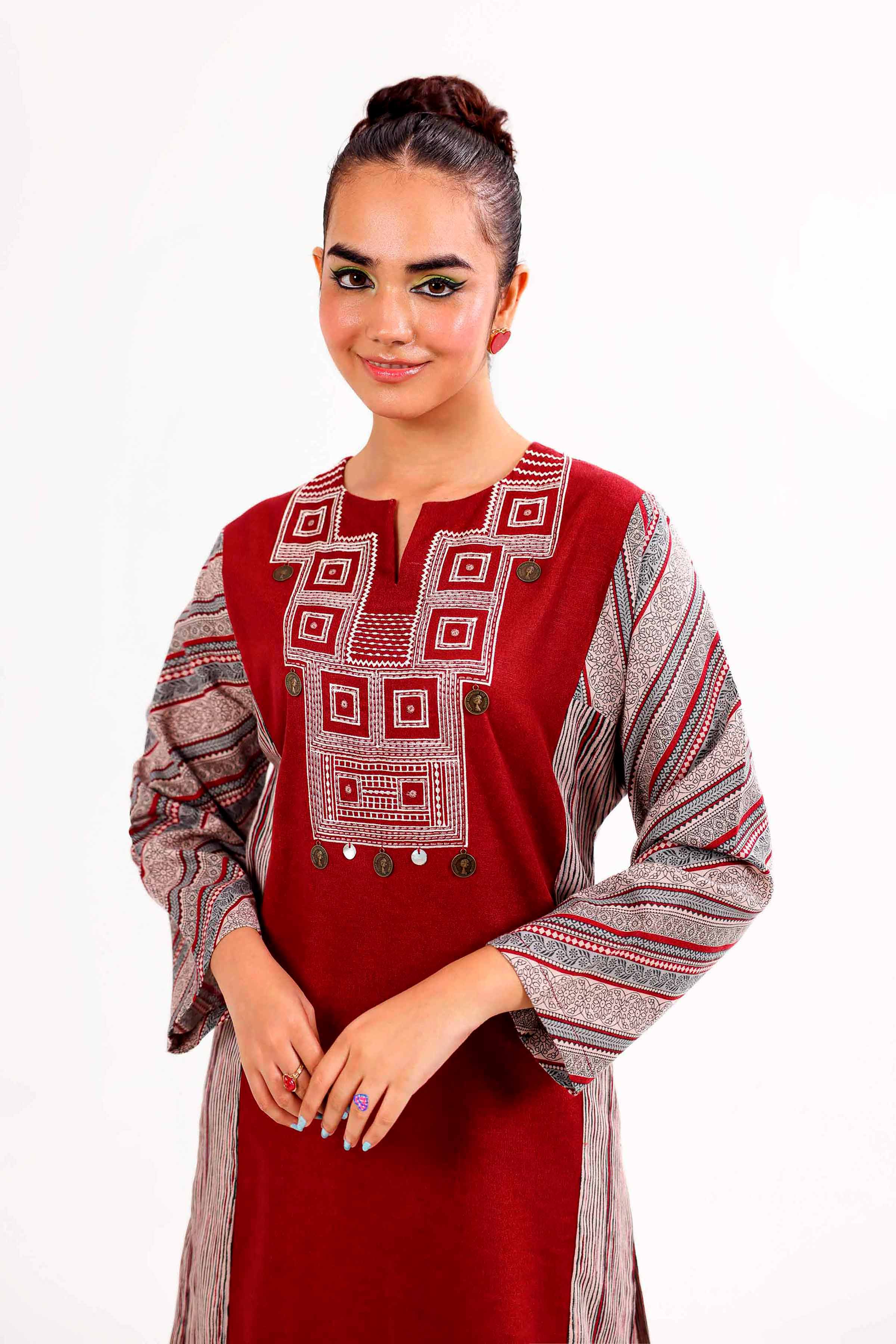 NishatUK - Maroon Embroidered Karandi 2-piece ready to wear Dress
