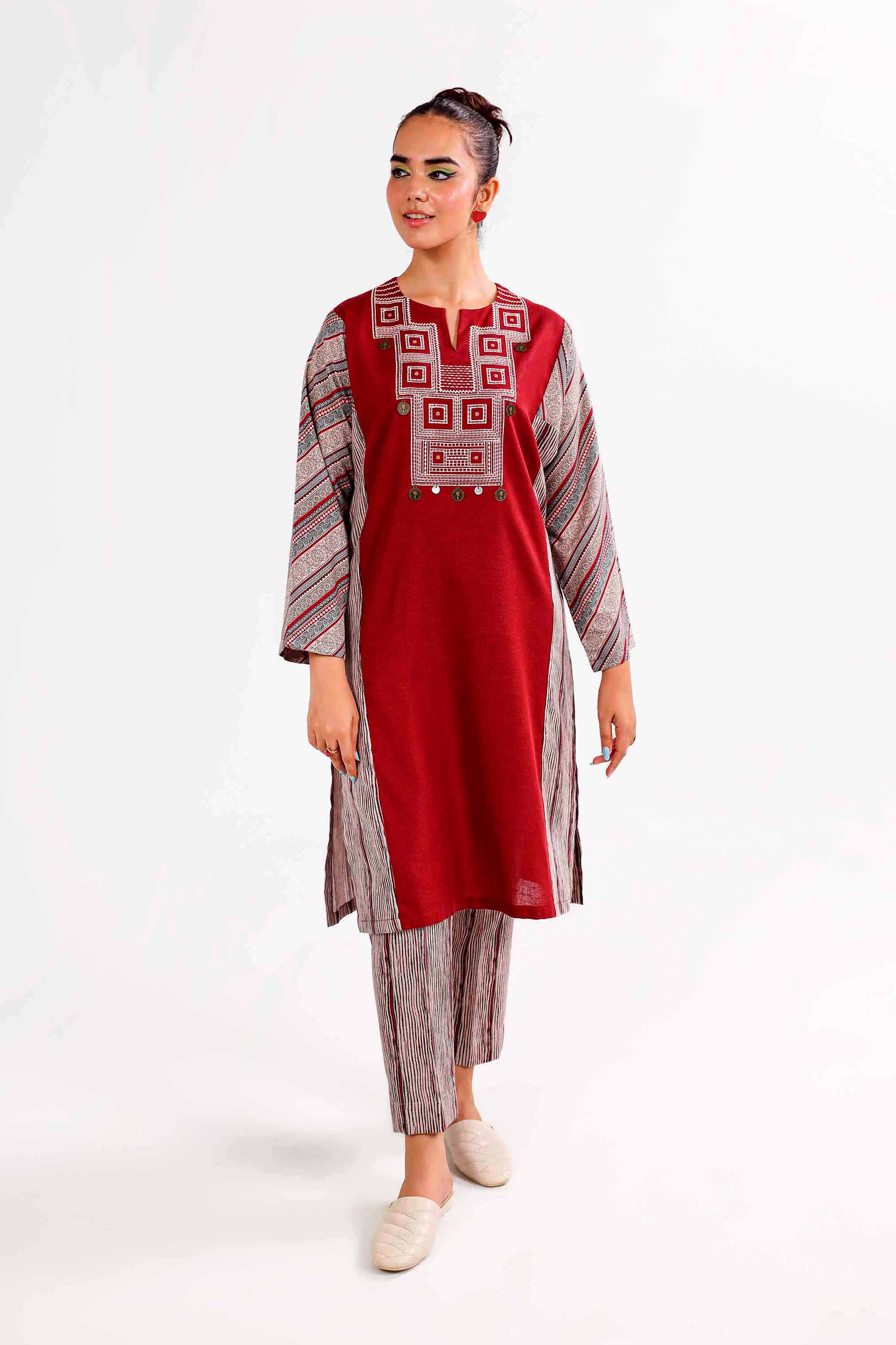 NishatUK - Maroon Embroidered Karandi 2-piece ready to wear Dress