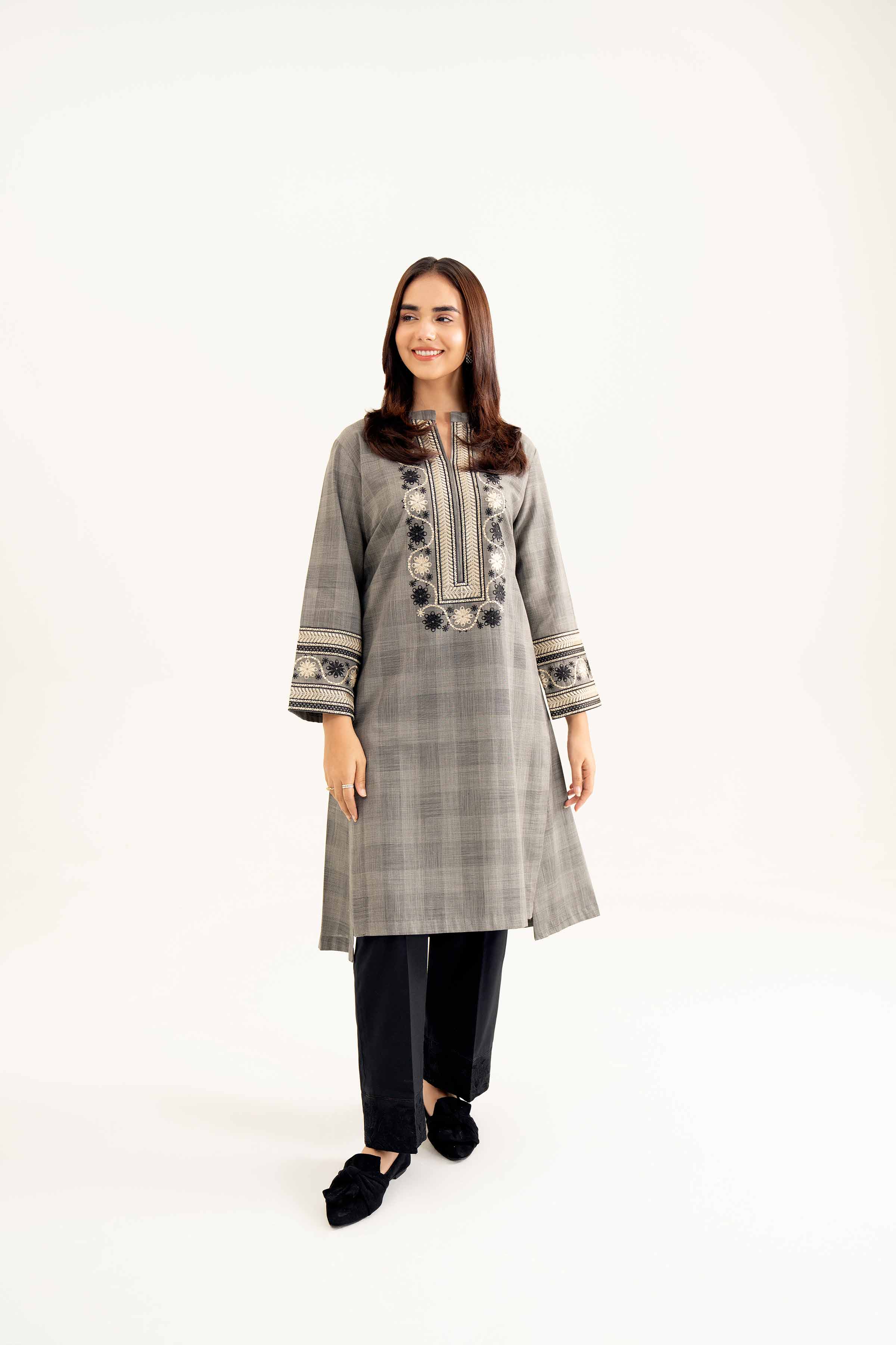 NishatUK - Beige Embroidered Yarn Dyed 1-piece ready to wear Shirt