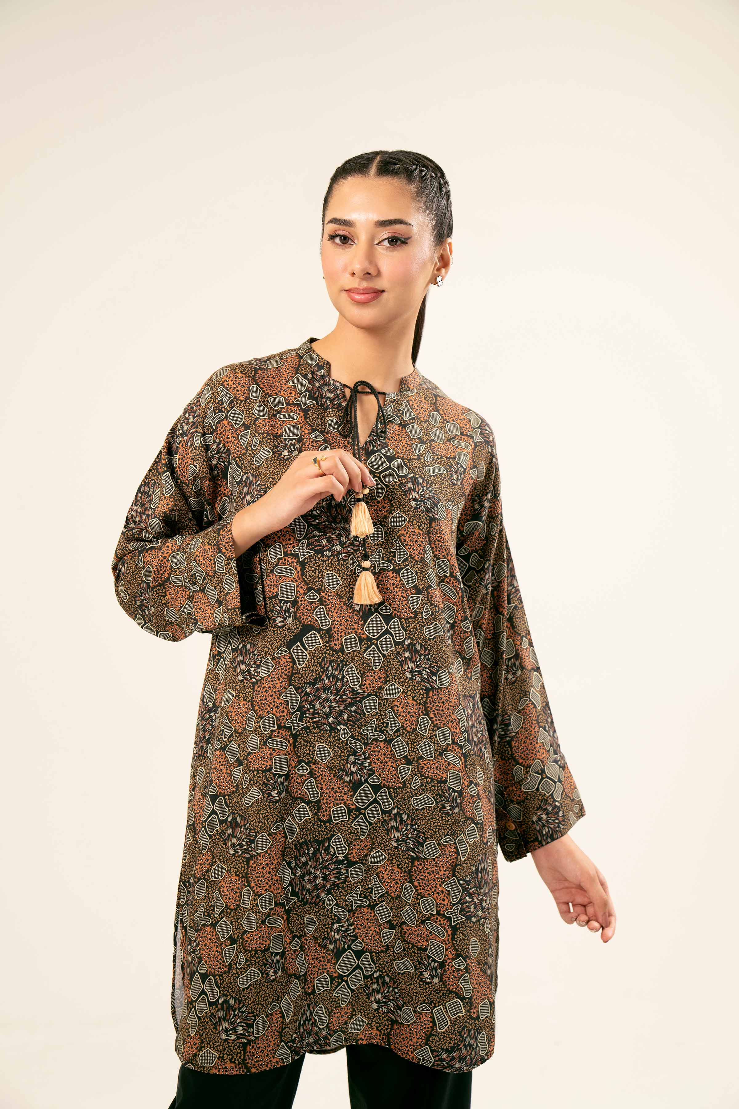 NishatUK - Brown Printed Linen 1-piece ready to wear Tunic