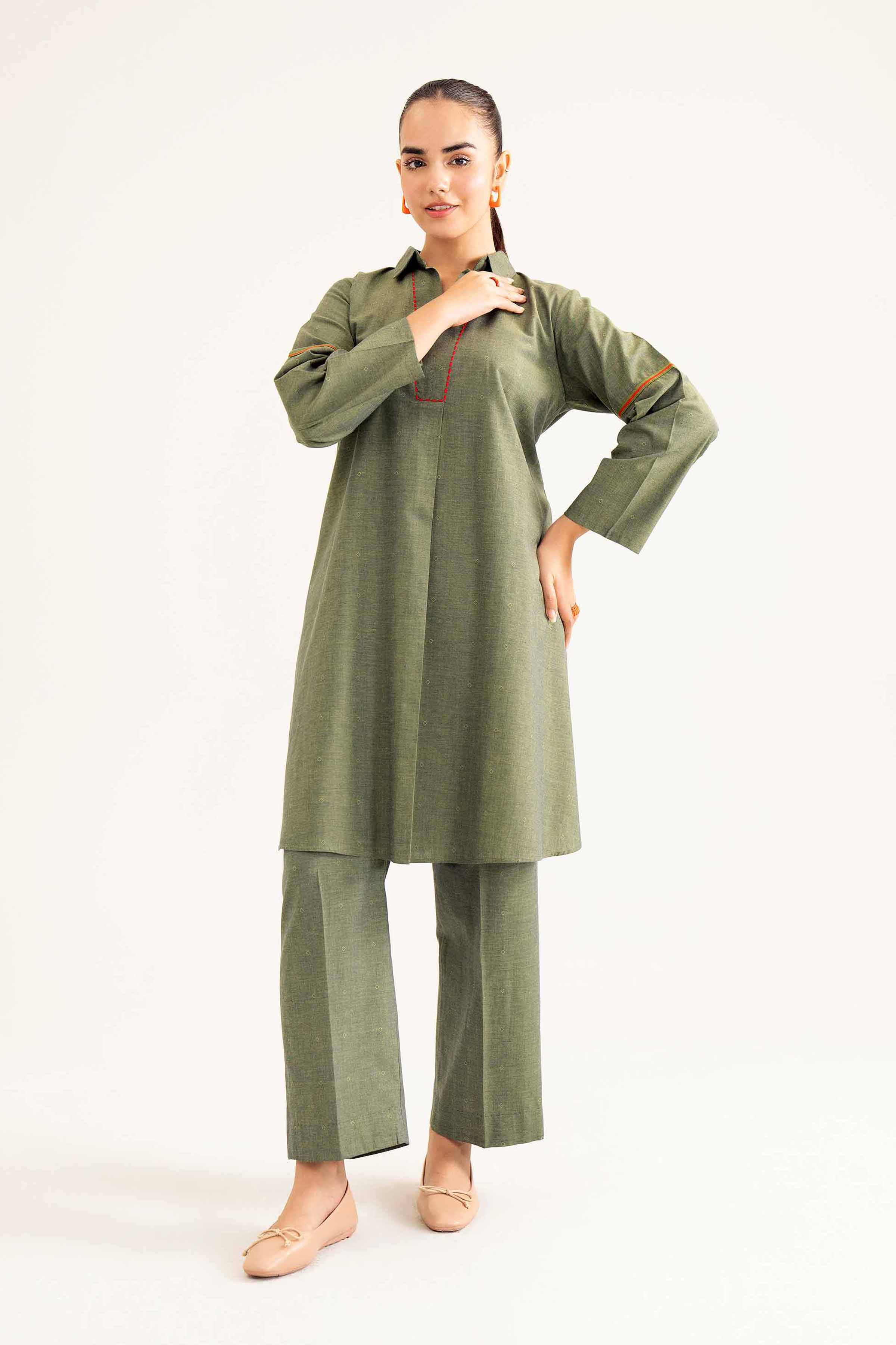 NishatUK - Green Solids Yarn Dyed 2-piece ready to wear Dress