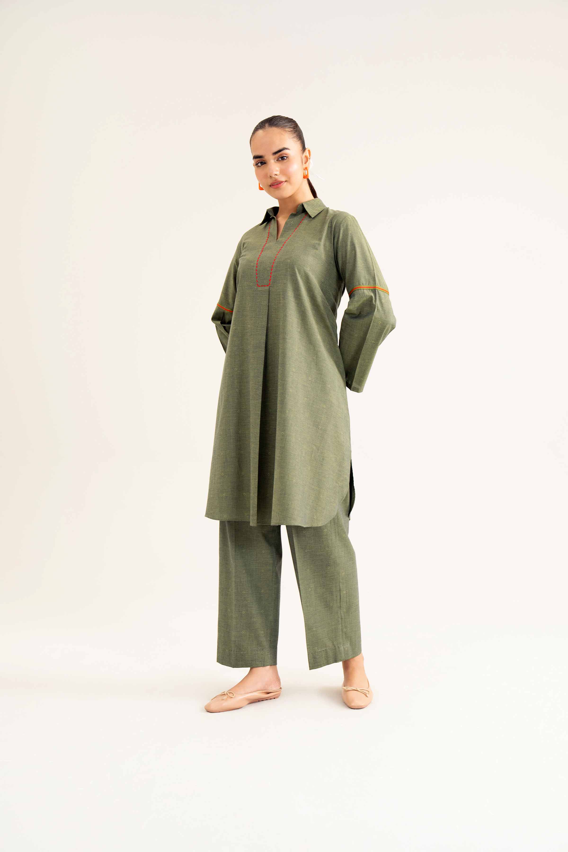 NishatUK - Green Solids Yarn Dyed 2-piece ready to wear Dress