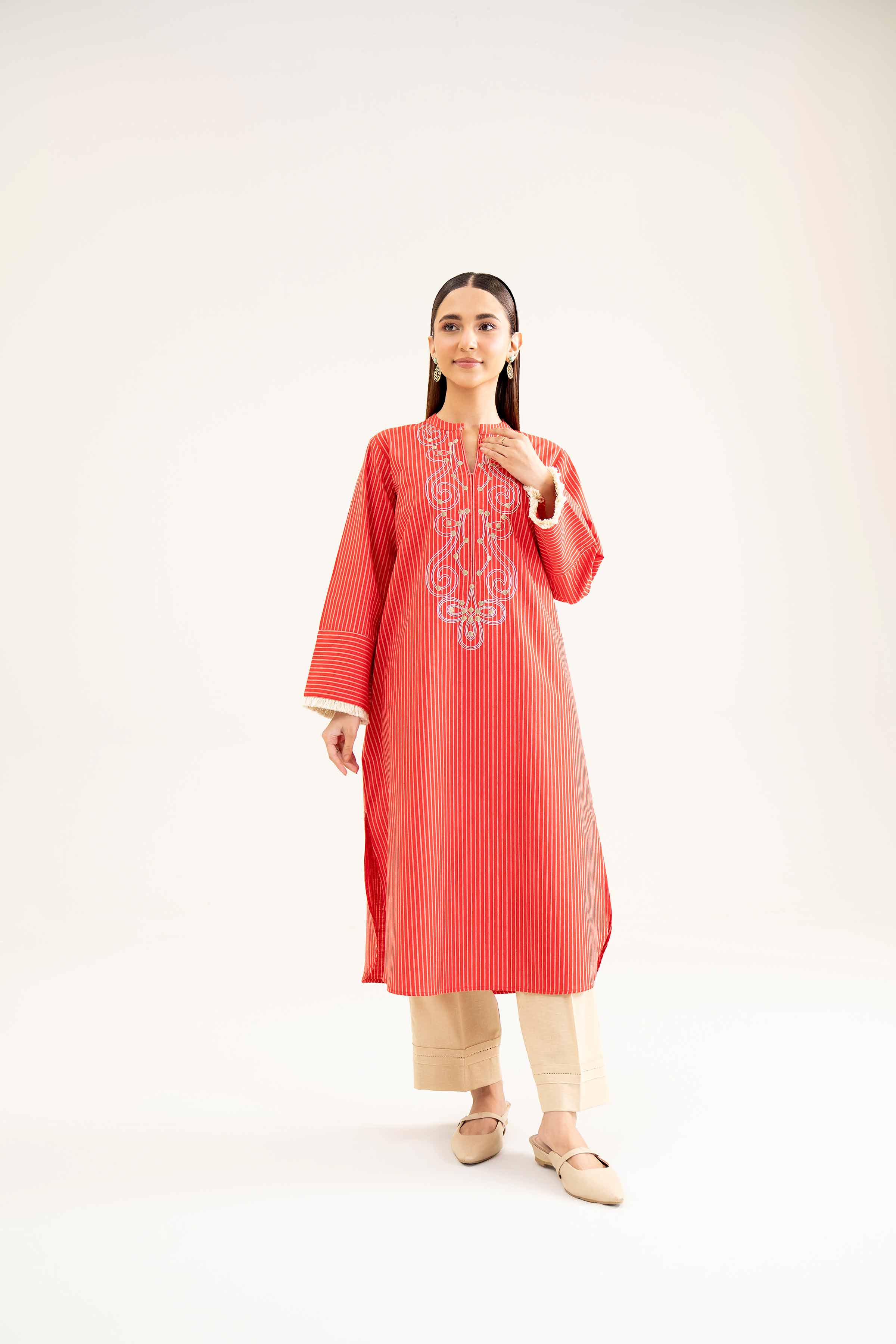 NishatUK - Red Embroidered Khaddar 1-piece ready to wear Shirt