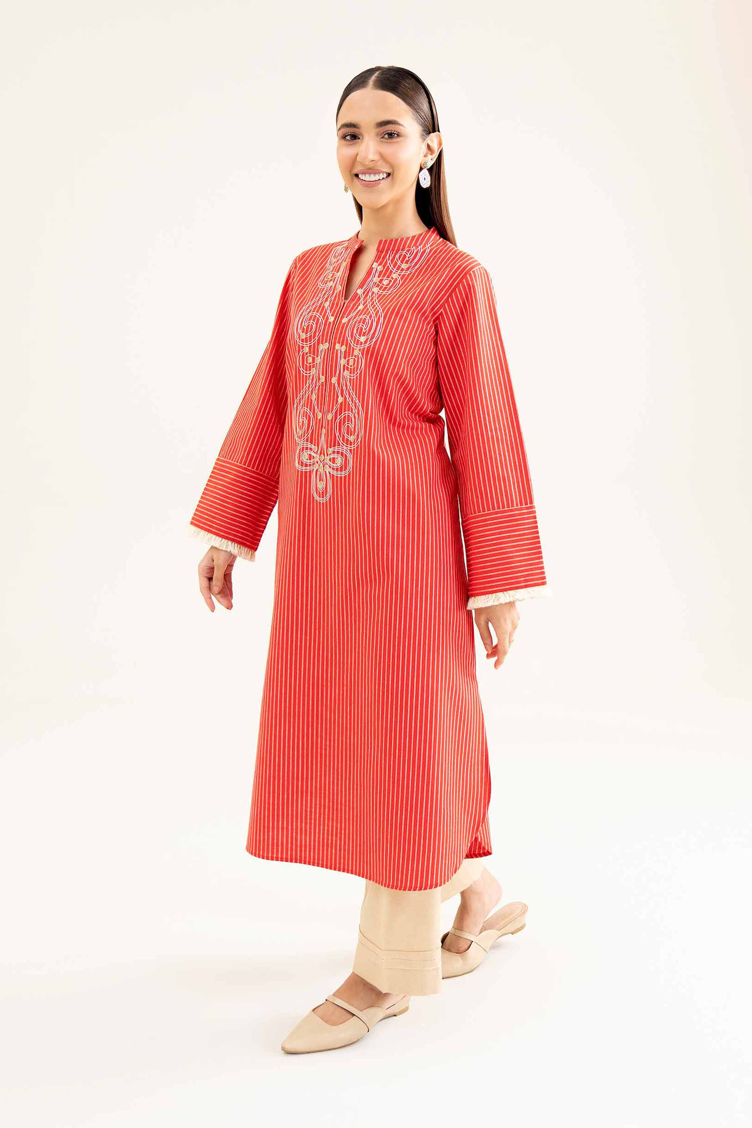 NishatUK - Red Embroidered Khaddar 1-piece ready to wear Shirt