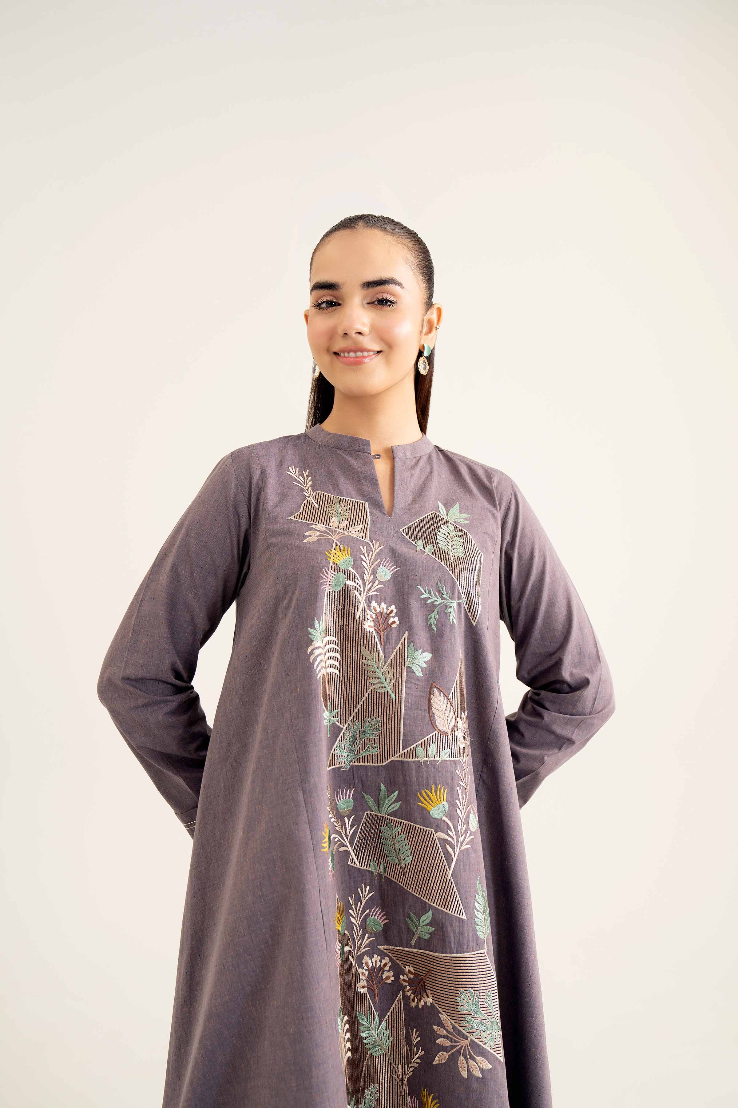 NishatUK - Brown Embroidered Yarn Dyed 1-piece ready to wear Shirt