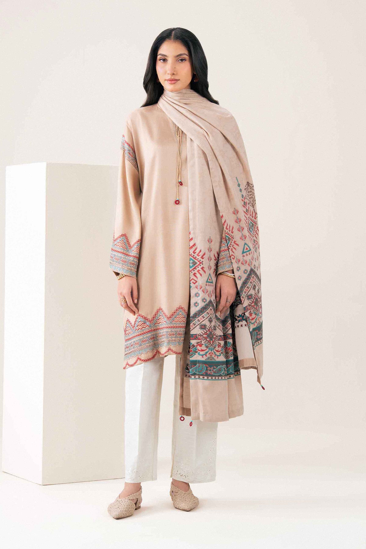 Nishat UK - Beige Embroidered New Weft Lurix 2 Pieces ready to wear Dress