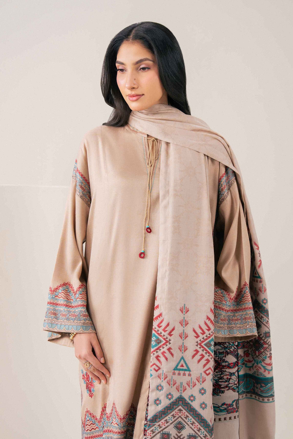Nishat UK - Beige Embroidered New Weft Lurix 2 Pieces ready to wear Dress
