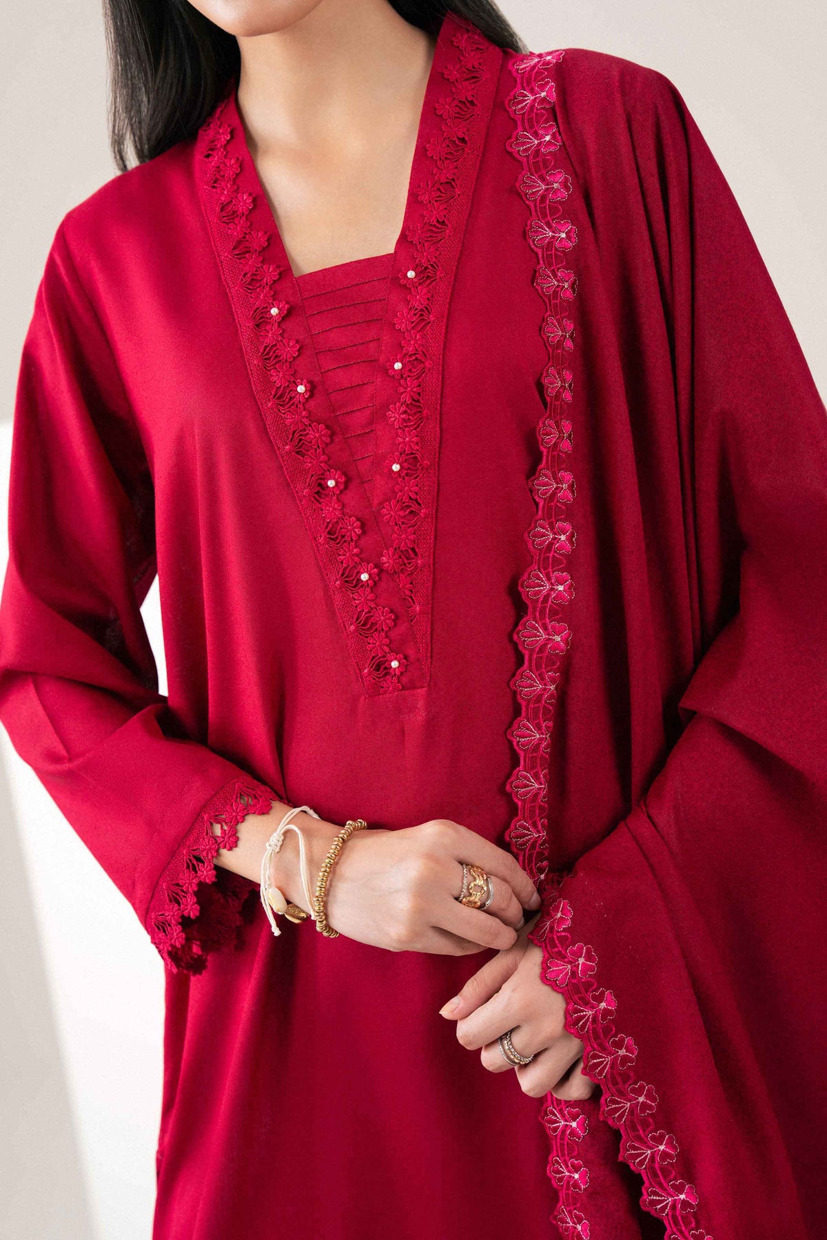 Nishat UK - Red Embroidered Karandi 2 Pieces ready to wear Dress
