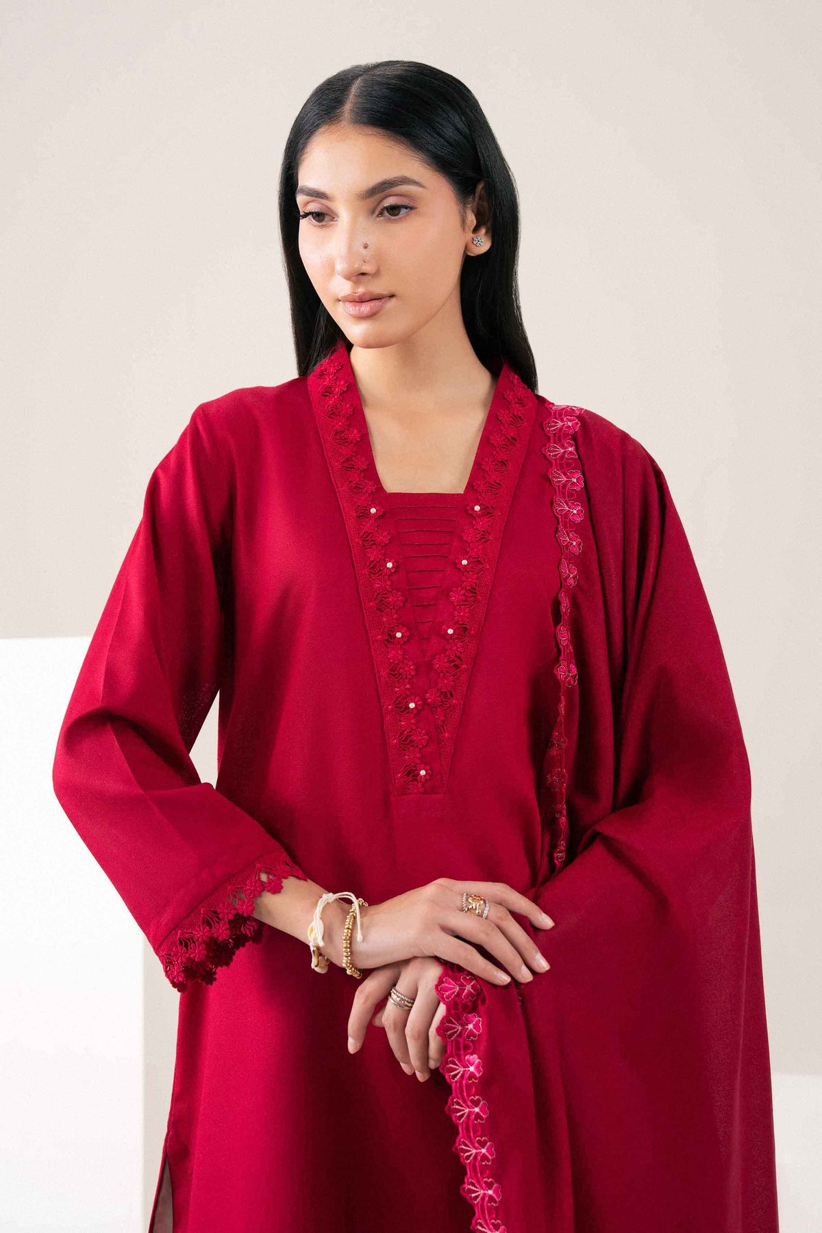 Nishat UK - Red Embroidered Karandi 2 Pieces ready to wear Dress