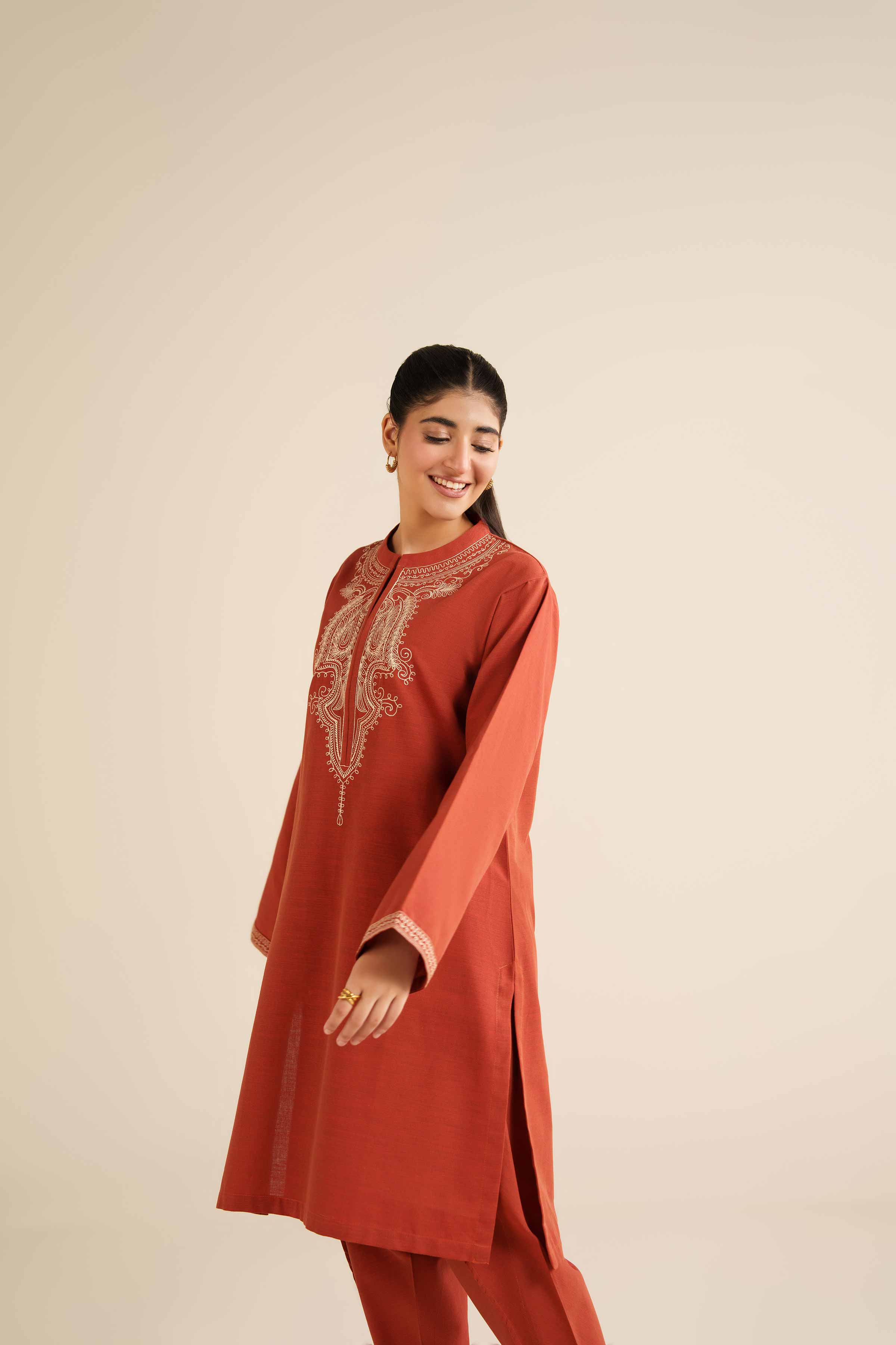NishatUK - Rust Embroidered Khaddar 2-piece ready to wear Dress