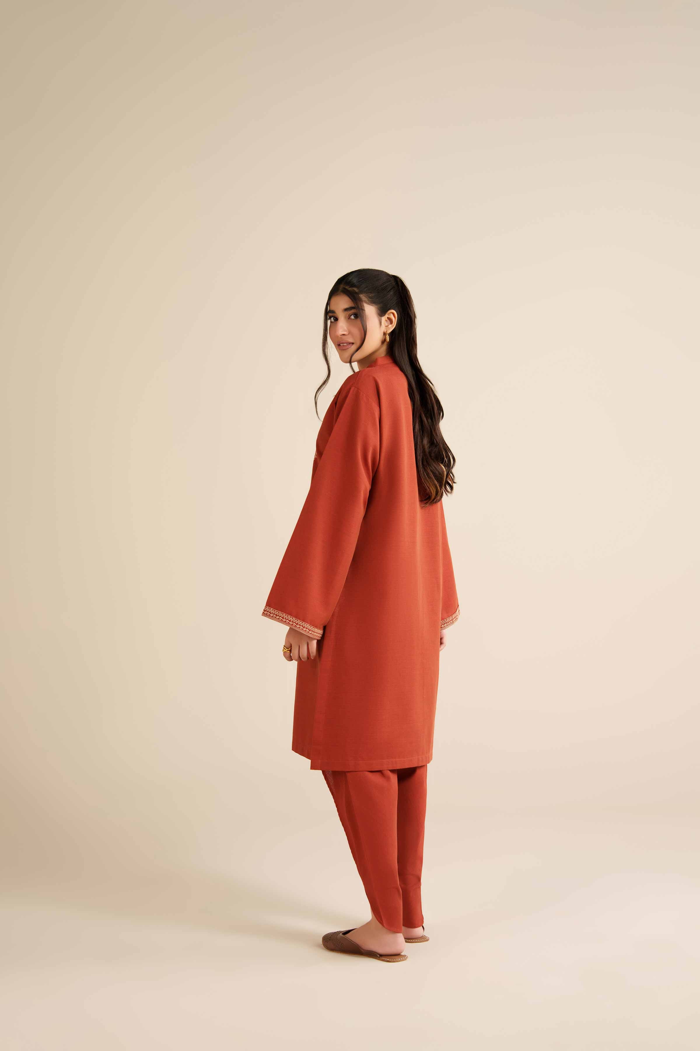 NishatUK - Rust Embroidered Khaddar 2-piece ready to wear Dress