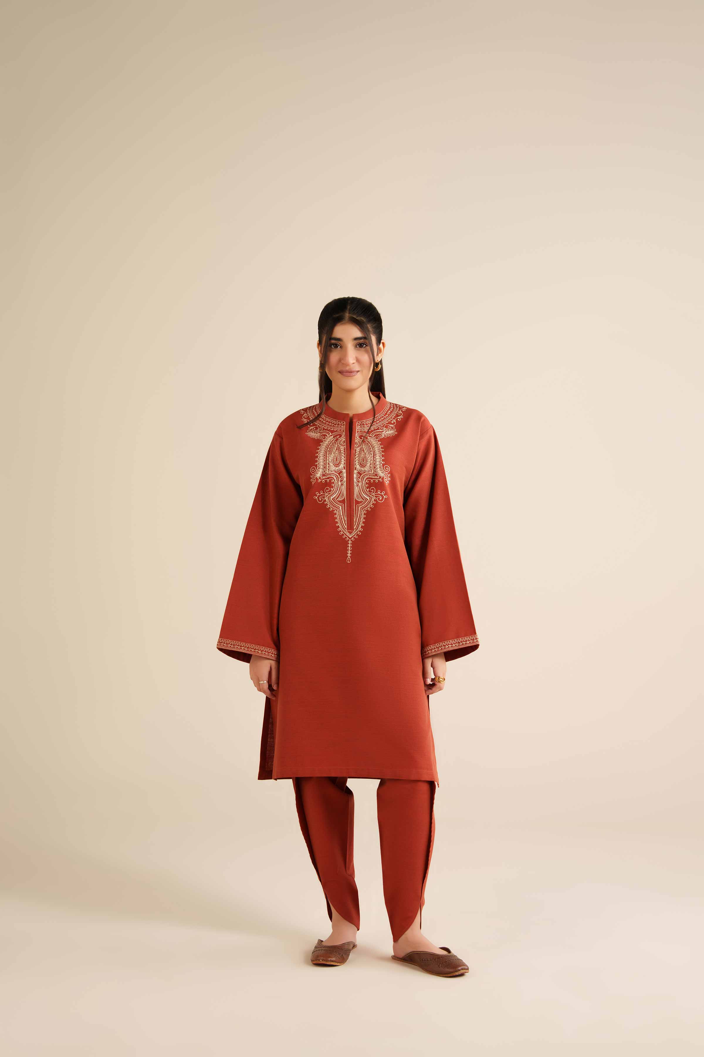 NishatUK - Rust Embroidered Khaddar 2-piece ready to wear Dress