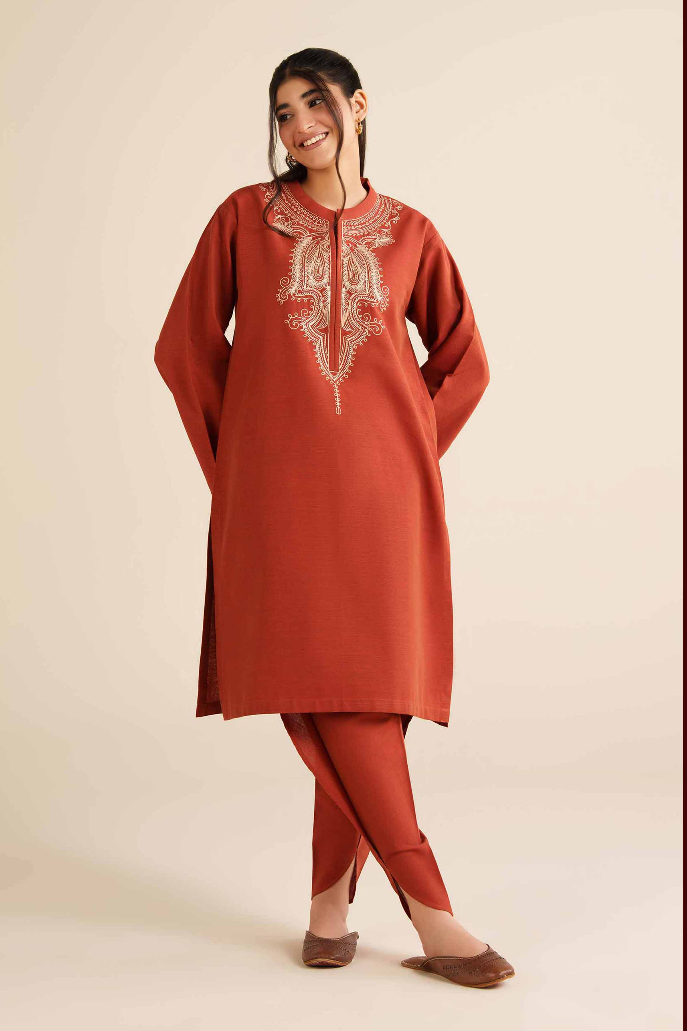 NishatUK - Rust Embroidered Khaddar 2-piece ready to wear Dress