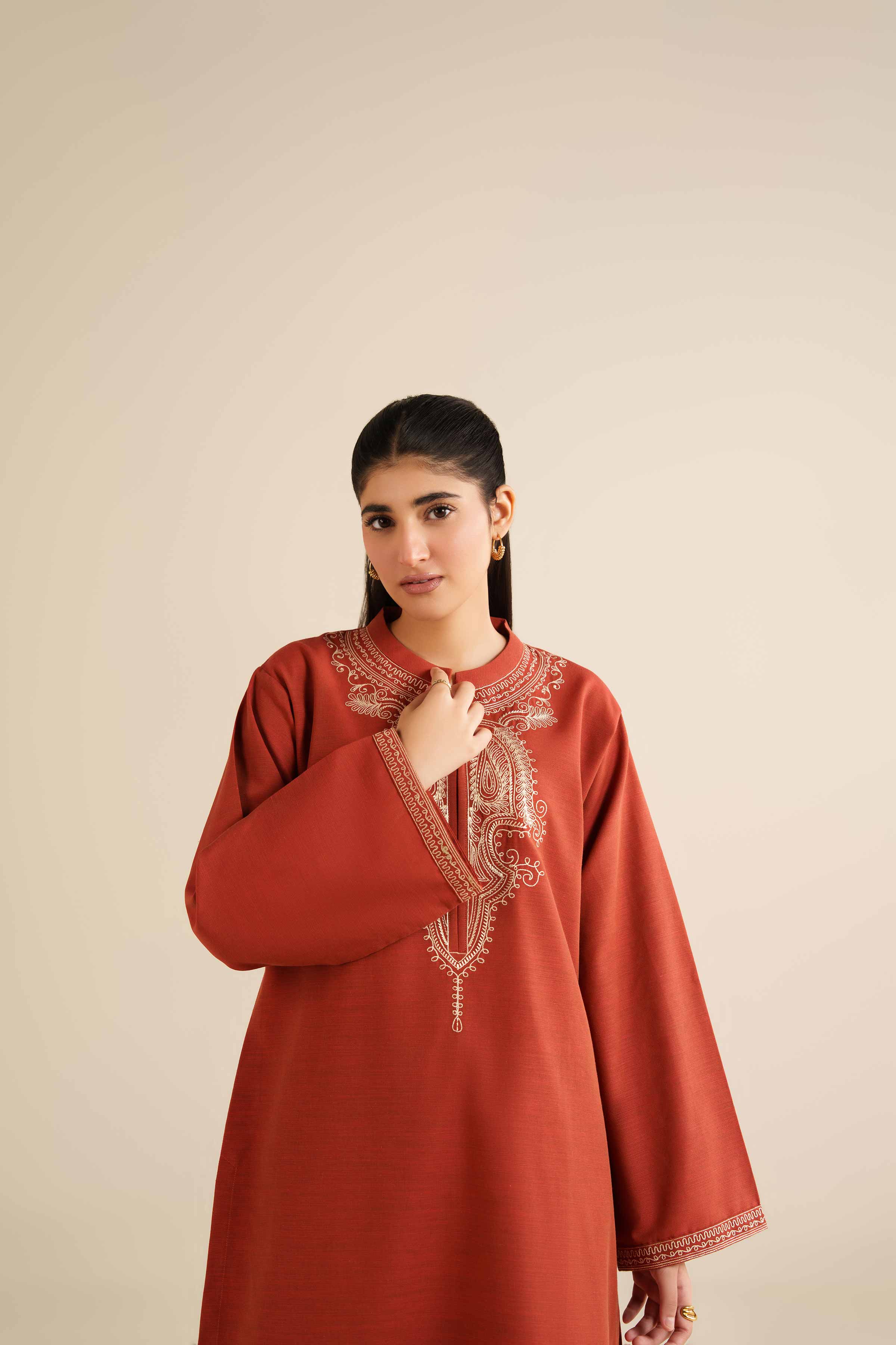 NishatUK - Rust Embroidered Khaddar 2-piece ready to wear Dress