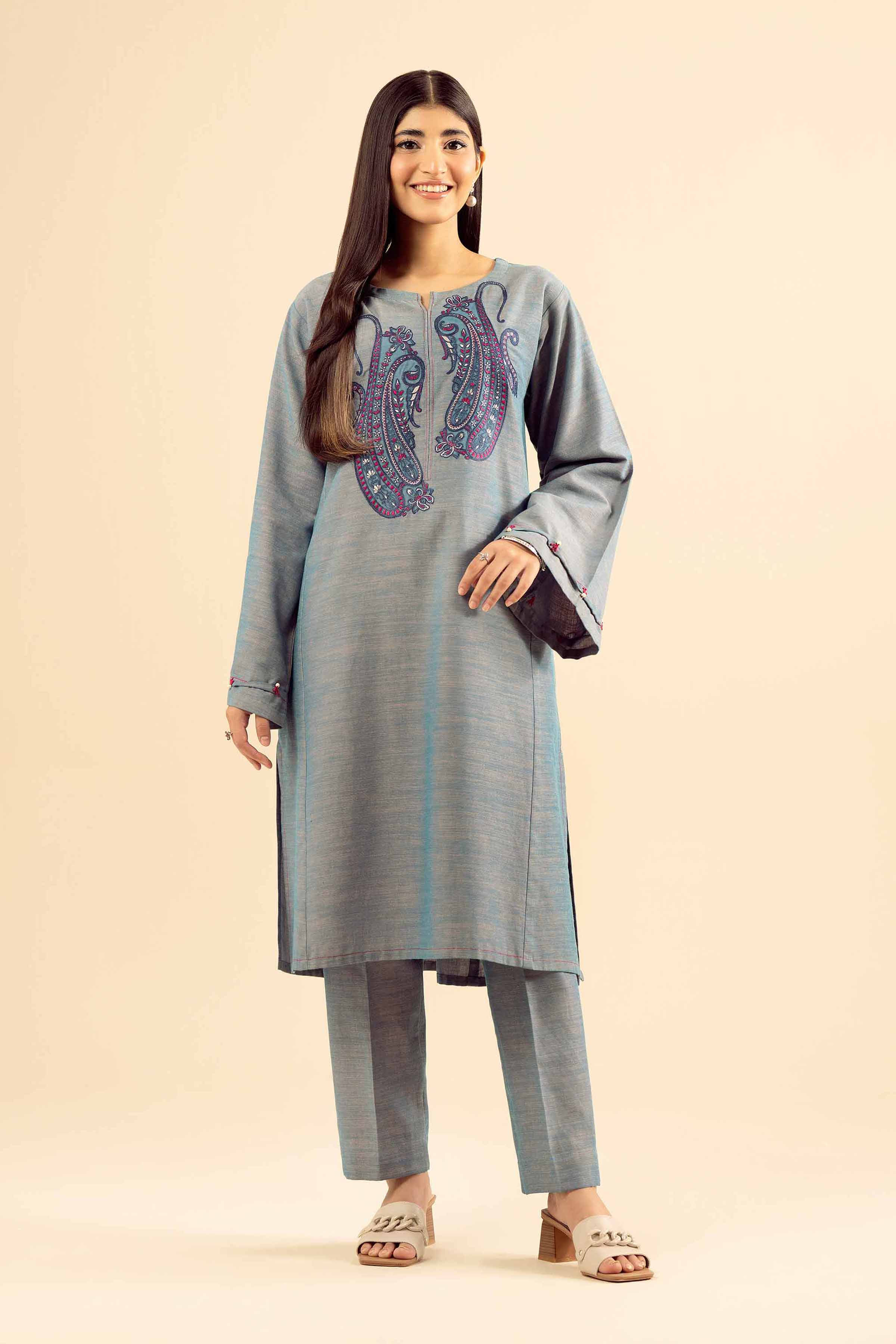 NishatUK - Blue Embroidered Khaddar 2-piece ready to wear Dress