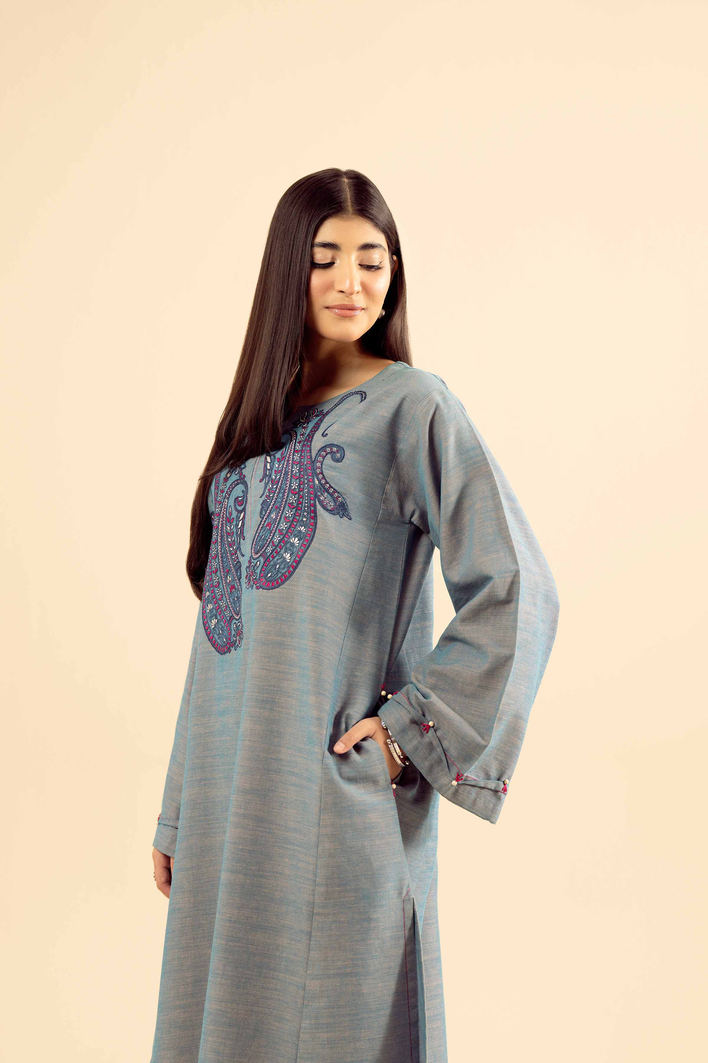 NishatUK - Blue Embroidered Khaddar 2-piece ready to wear Dress