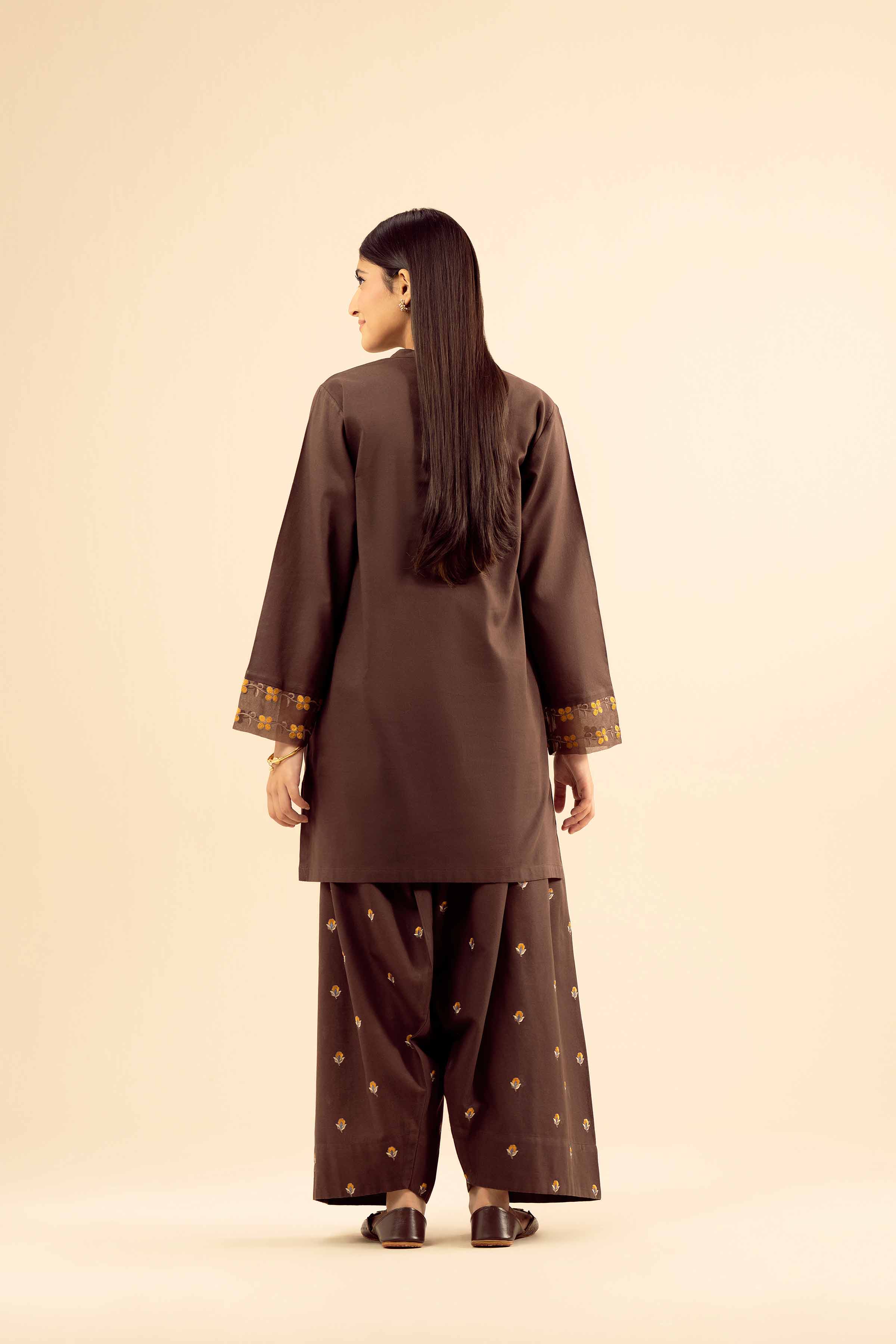 NishatUK - Brown Embroidered Cotton 2-piece ready to wear Dress