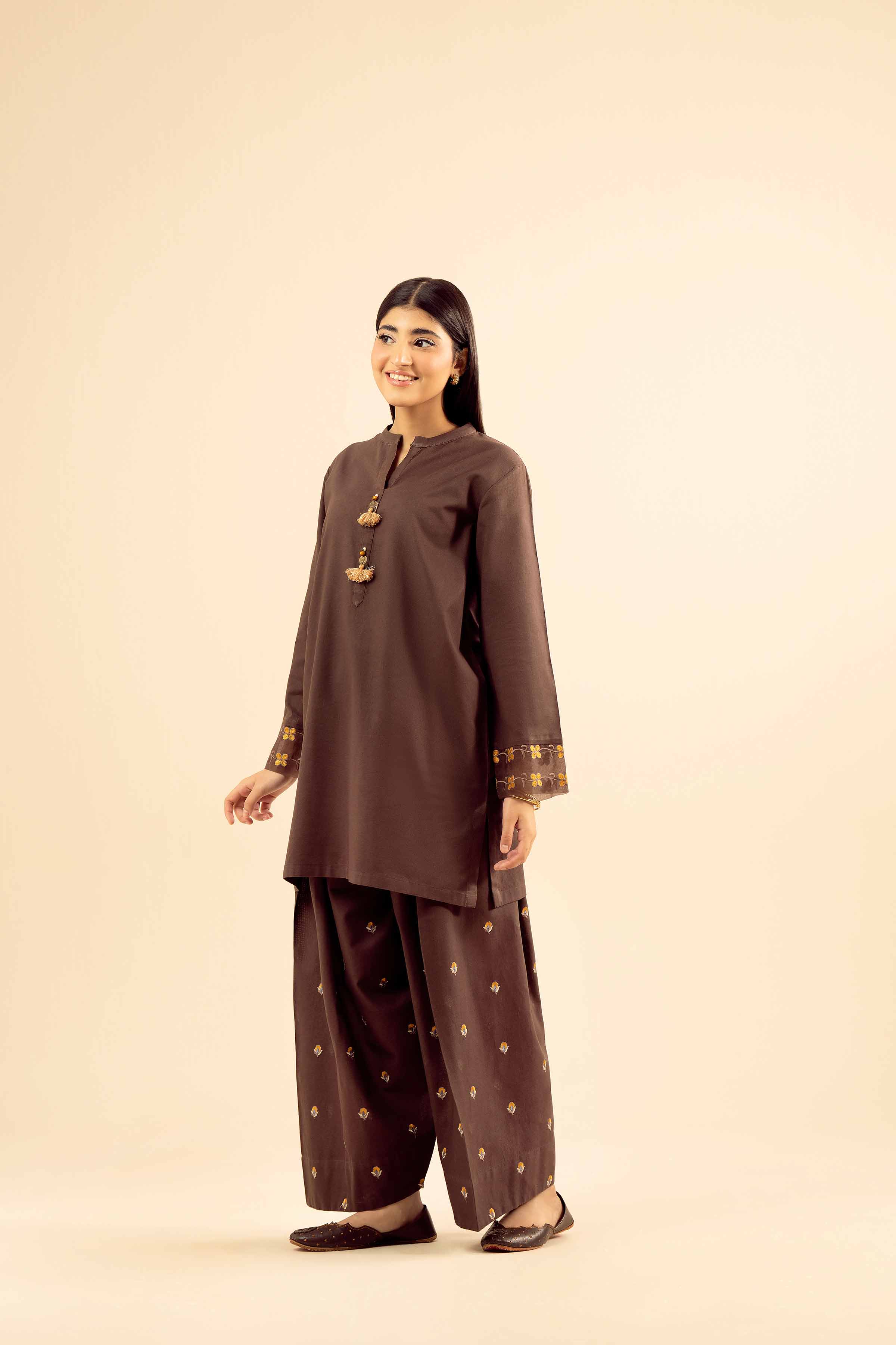 NishatUK - Brown Embroidered Cotton 2-piece ready to wear Dress